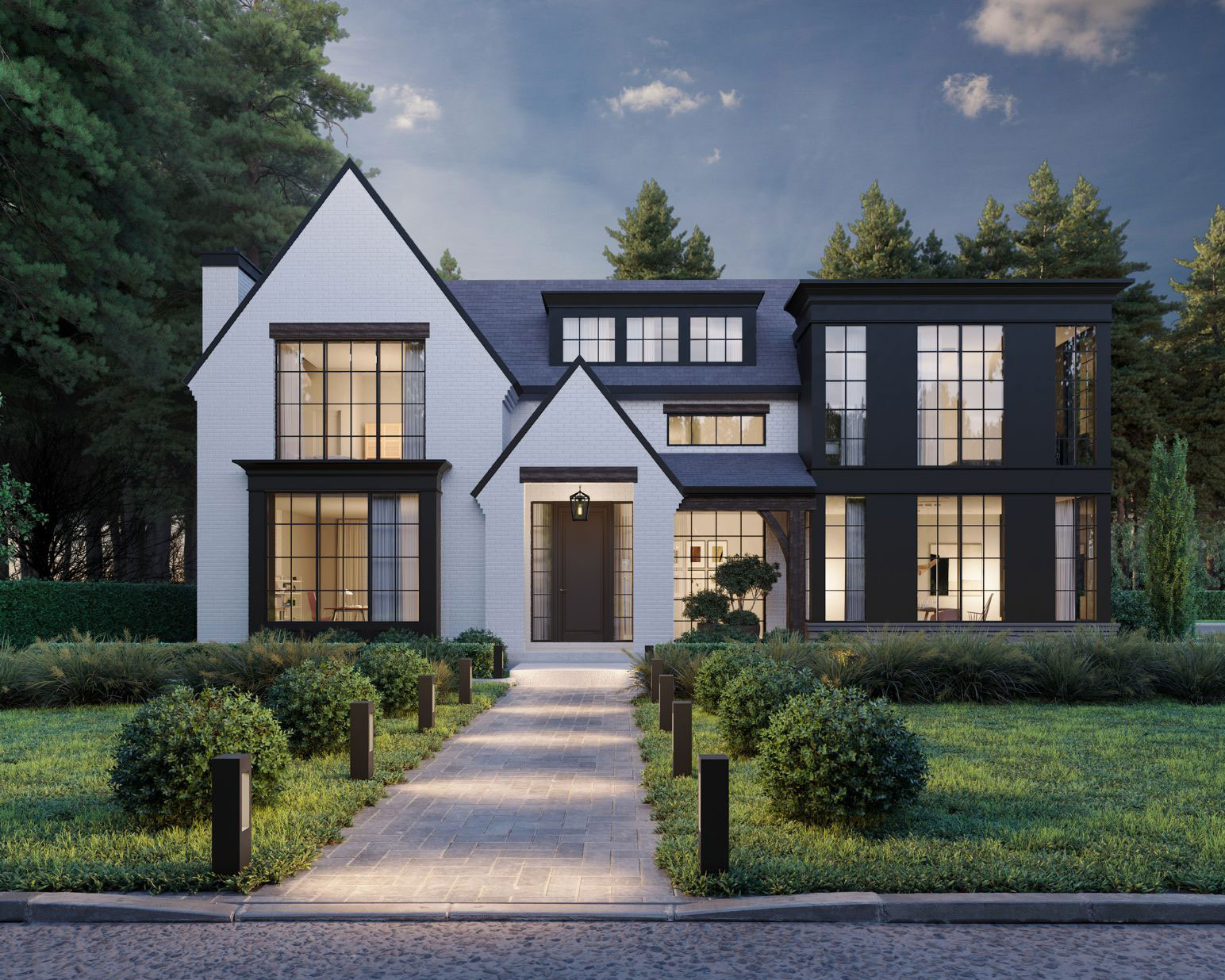 Black-and-white gabled home behind a landscaped path