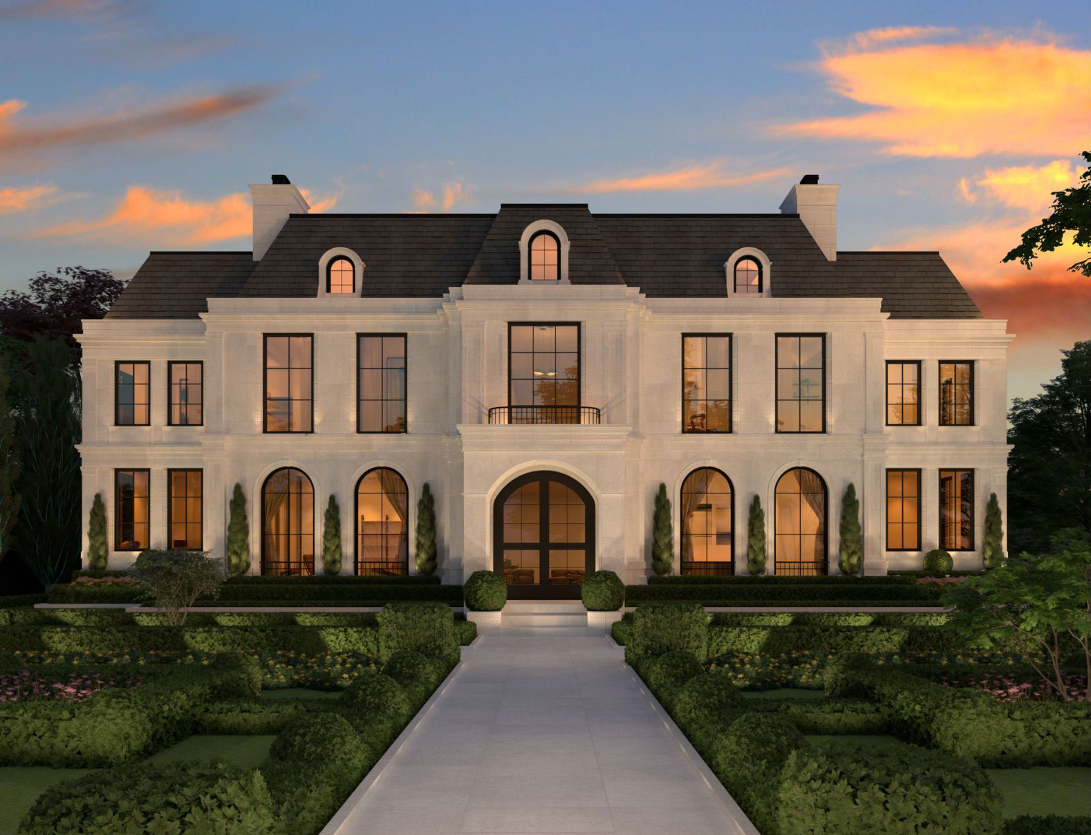 Symmetrical stone chateau facade at sunset