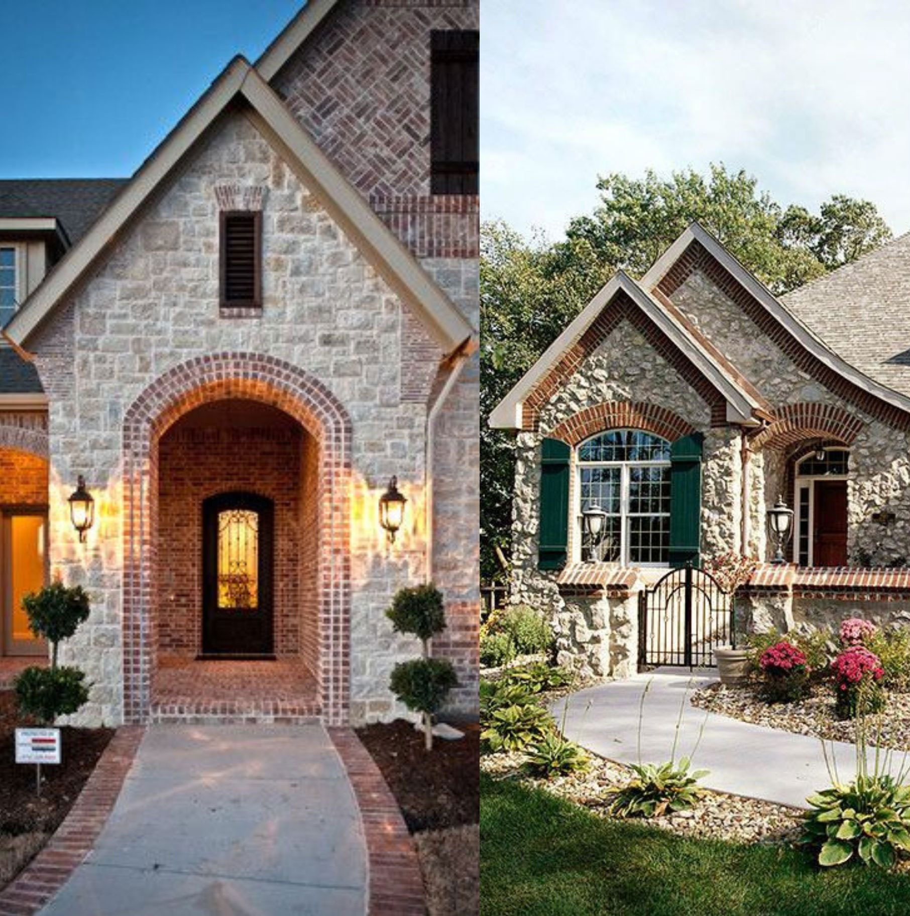 Paired brick archways within rustic stone facades
