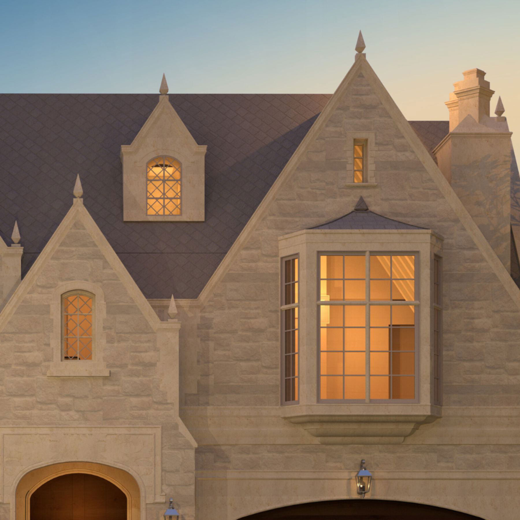 Ornamental stone gables, pinnacles and window detailing