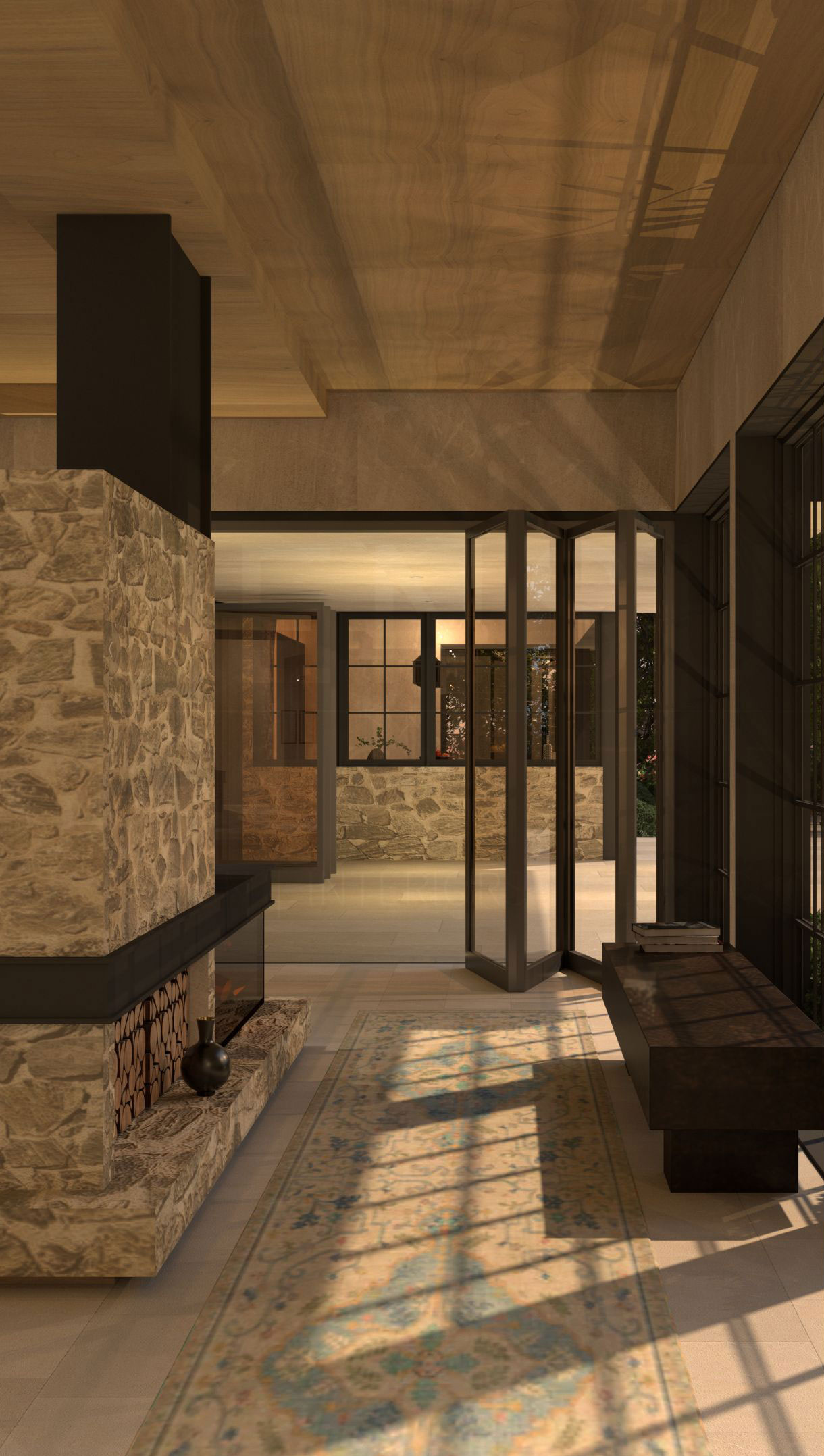 Interior stone fireplace and textured masonry walls