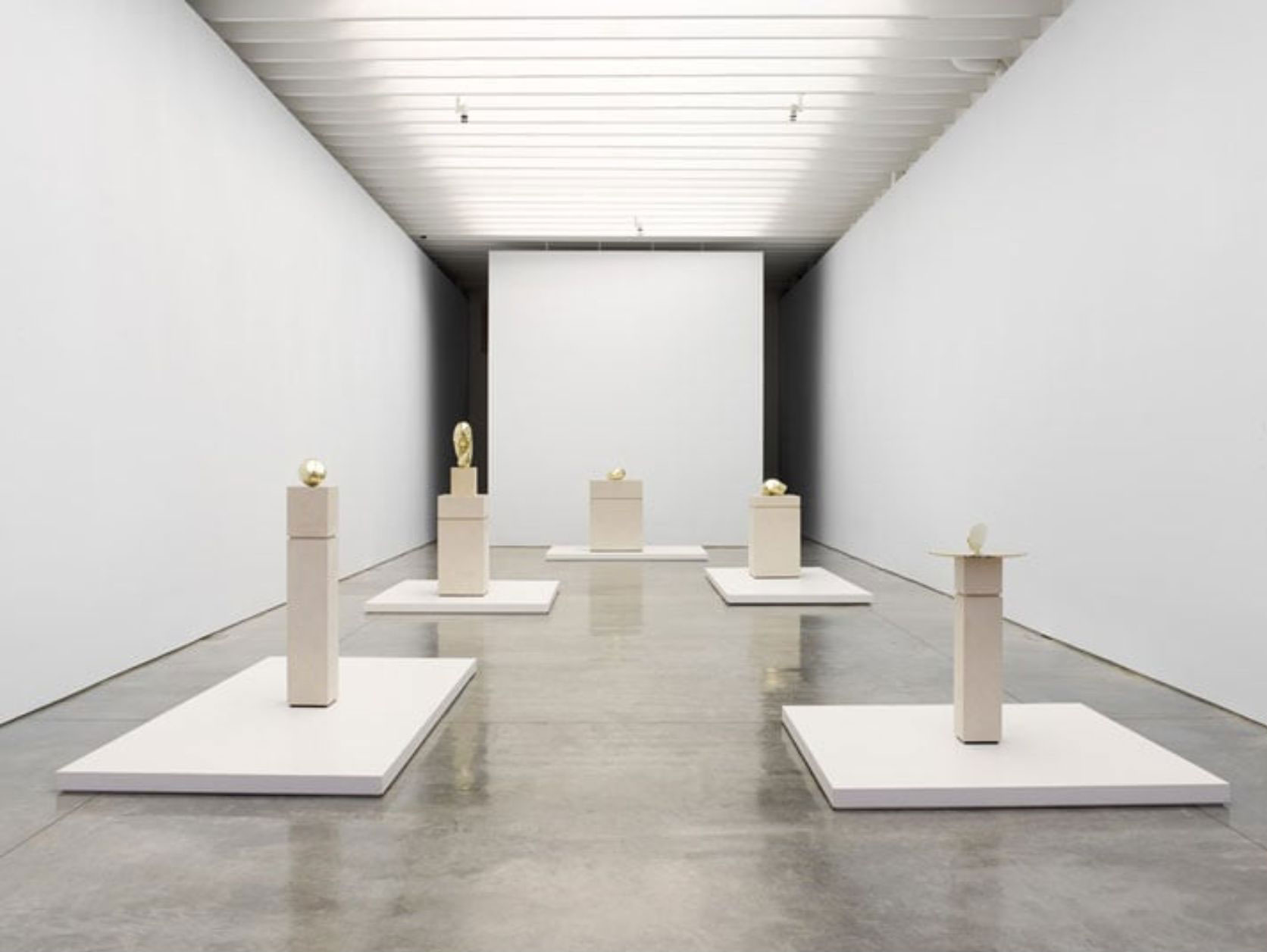Brancusi sculptures displayed on pale plinths in a gallery