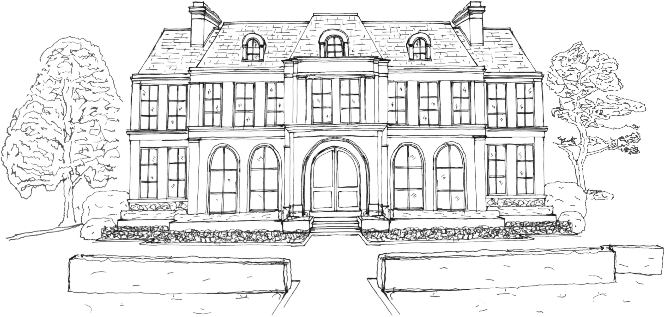 Wide front elevation drawing of the Art Deco-inspired chateau