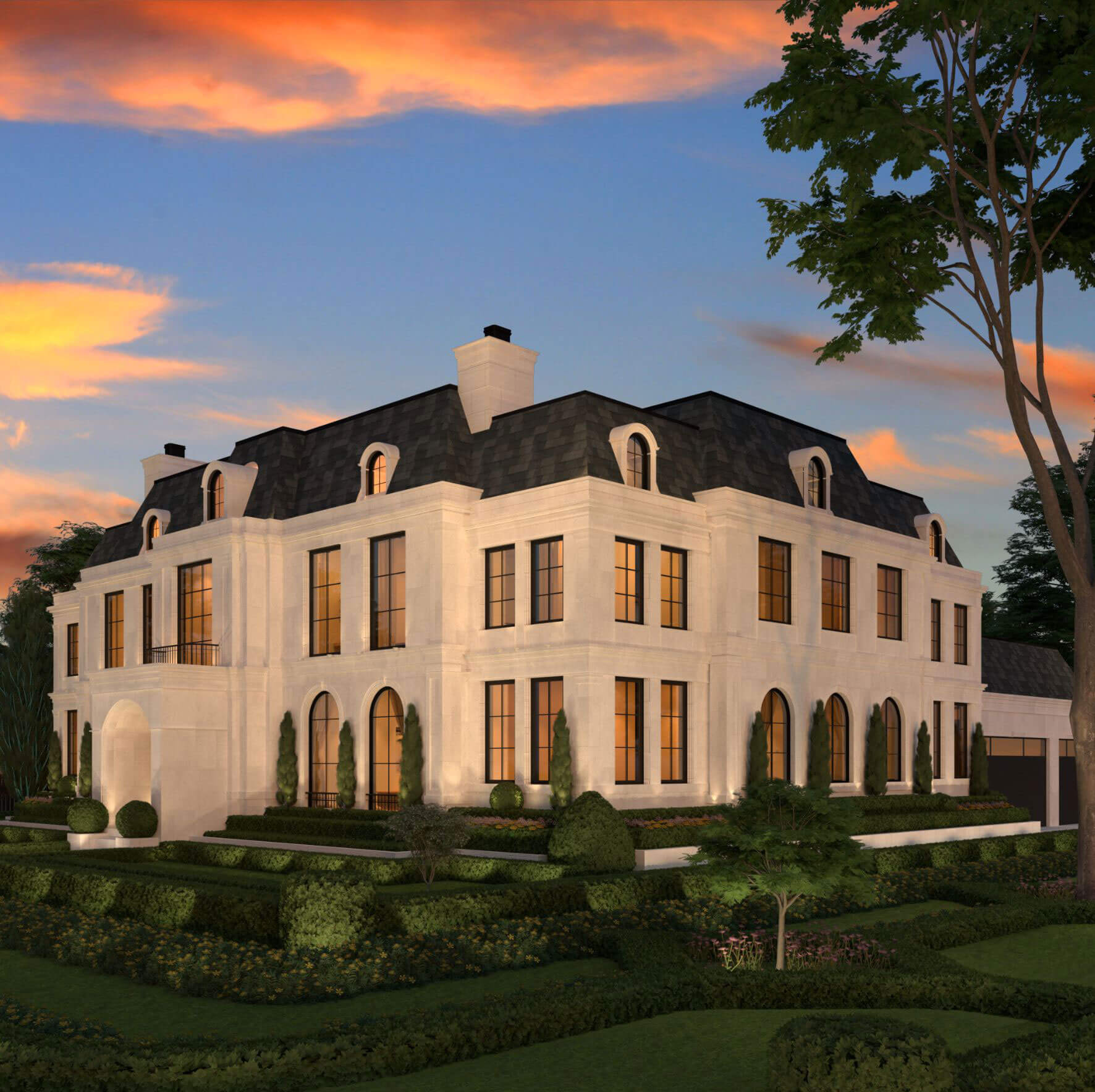Chateau corner facade and formal garden