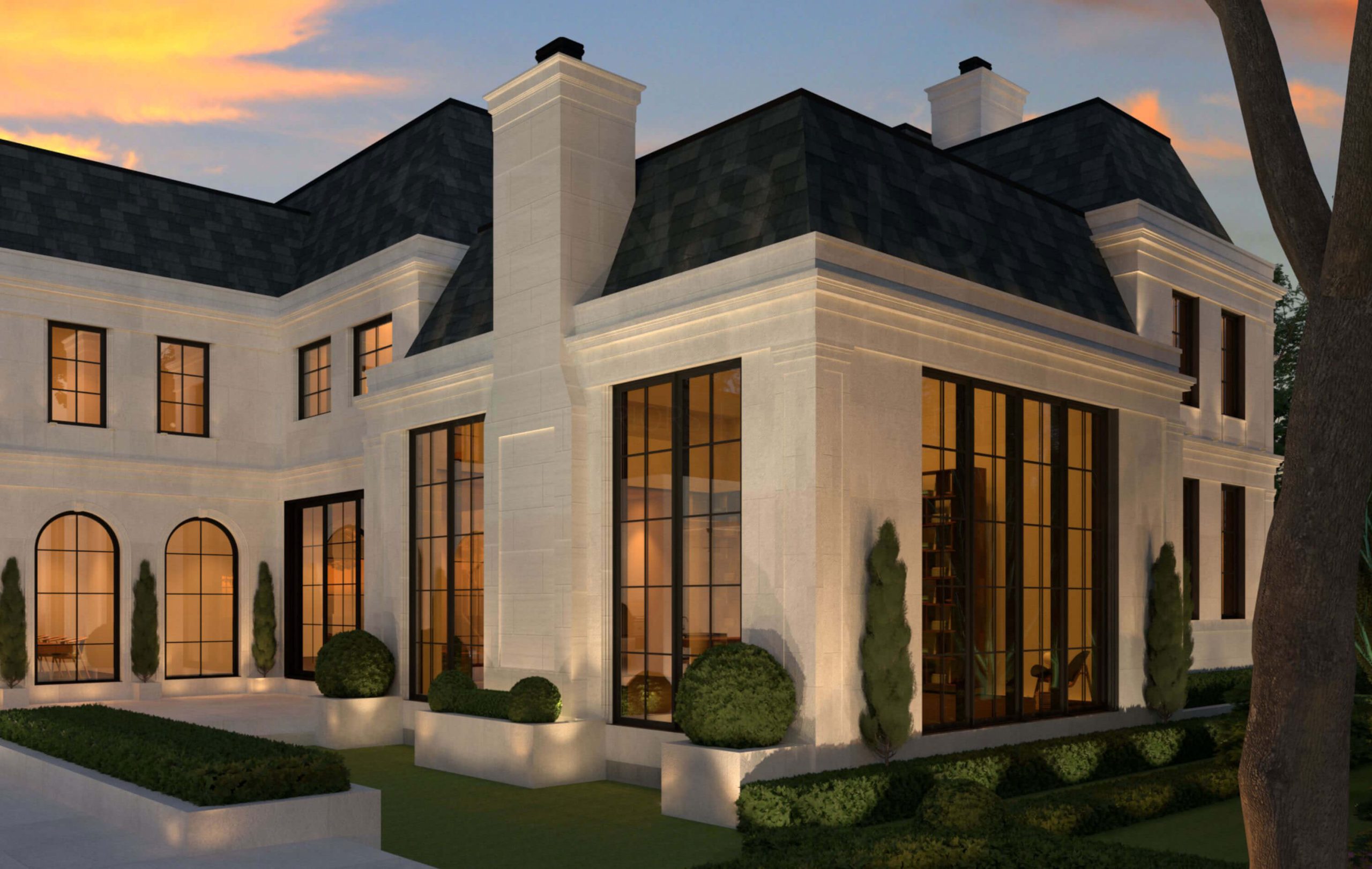 Art Deco-inspired chateau illuminated at dusk