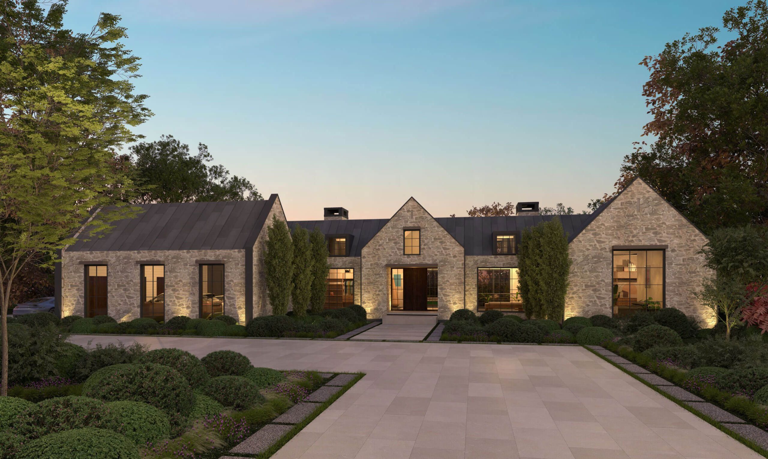 Contemporary English Country Bungalow framed by gardens at dusk