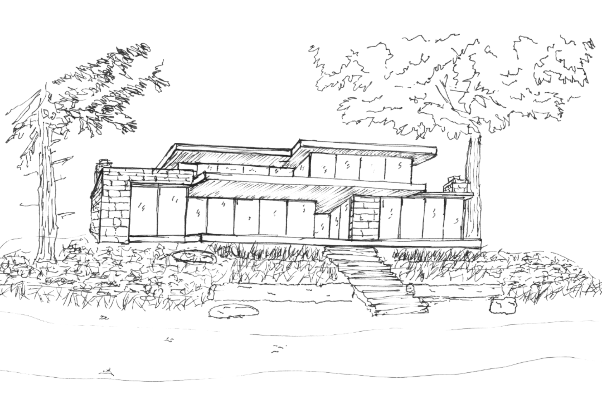 Architectural site and elevation sketches for the Alpine Lakehouse