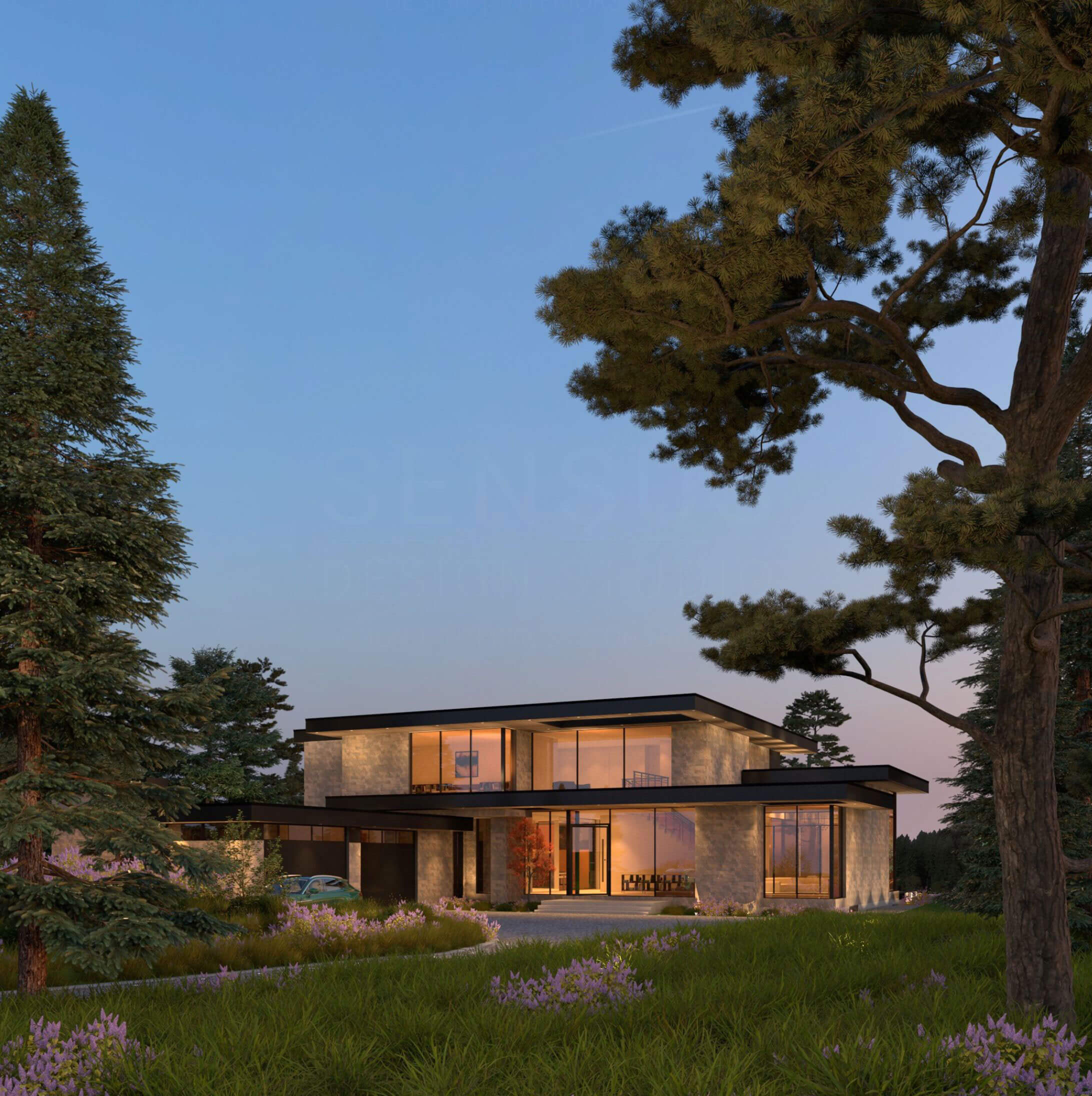 Winding driveway and front courtyard of the Alpine Lakehouse
