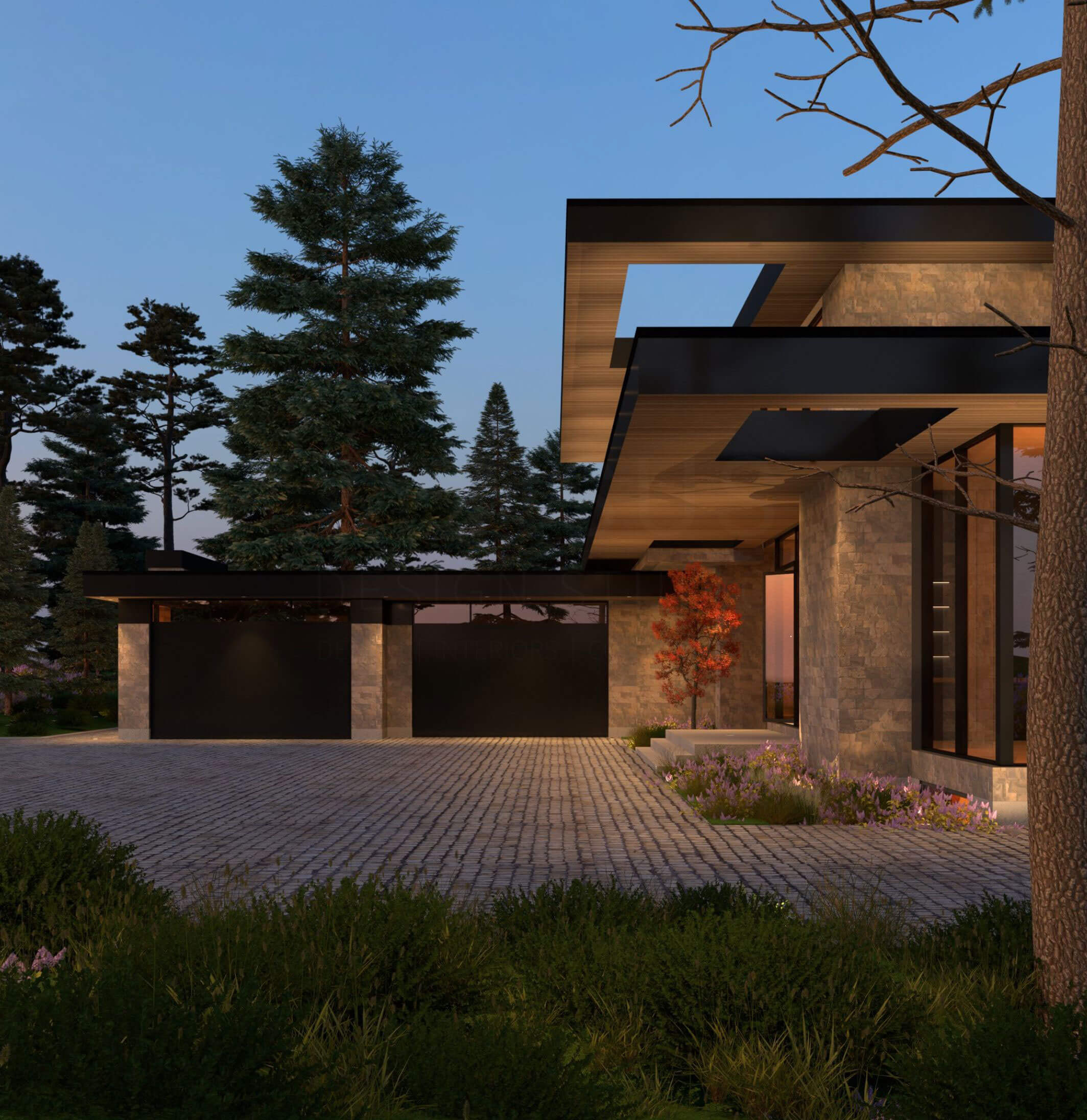 Alpine Lakehouse glazing and landscaped front elevation