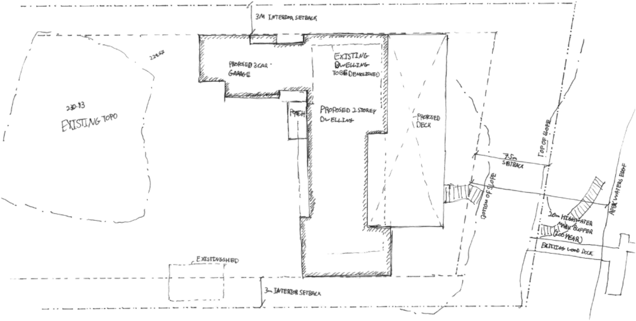 Hand-sketched site plan for the Alpine Lakehouse compound
