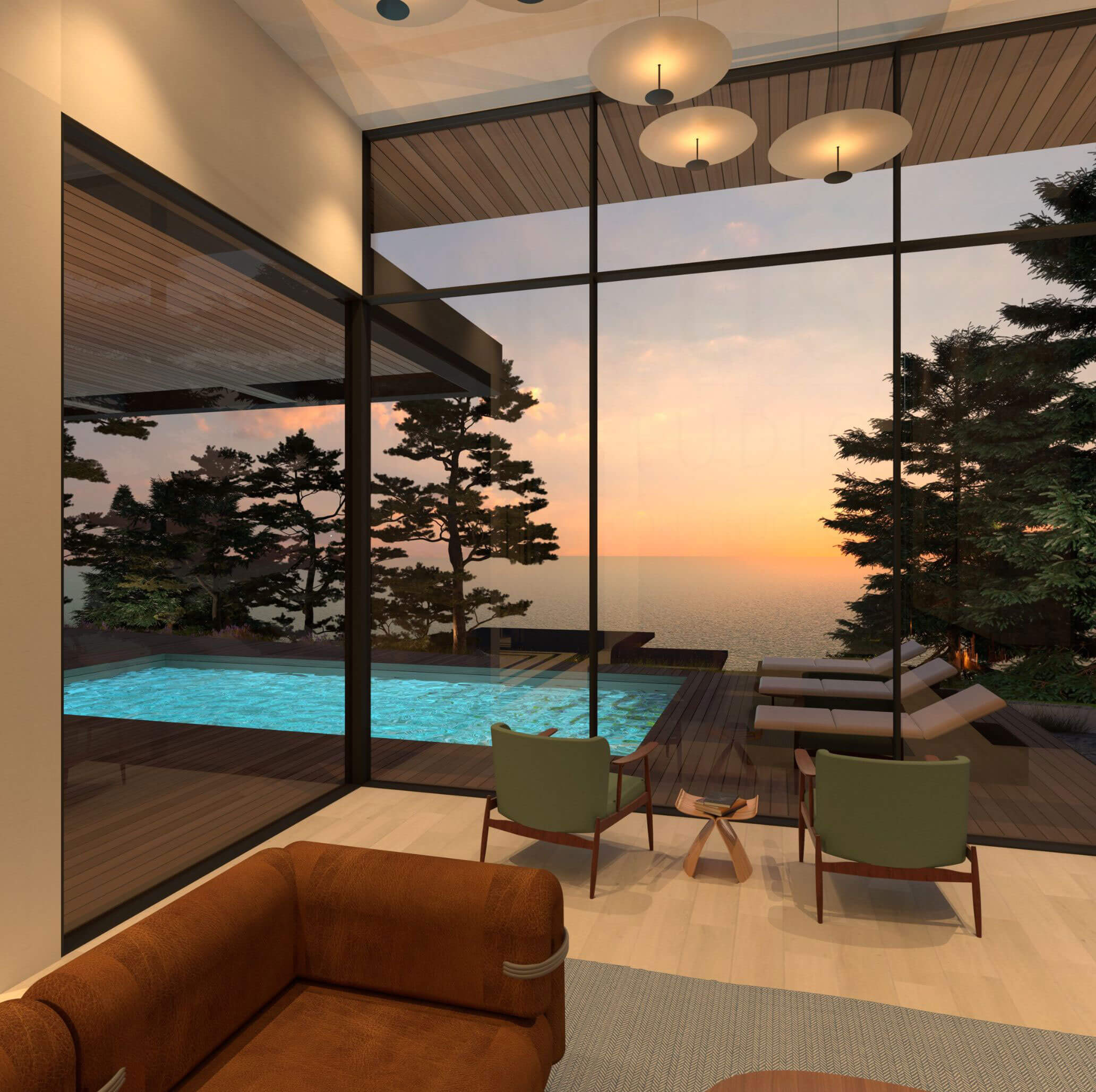 Alpine Lakehouse pool deck connected to the interior living spaces