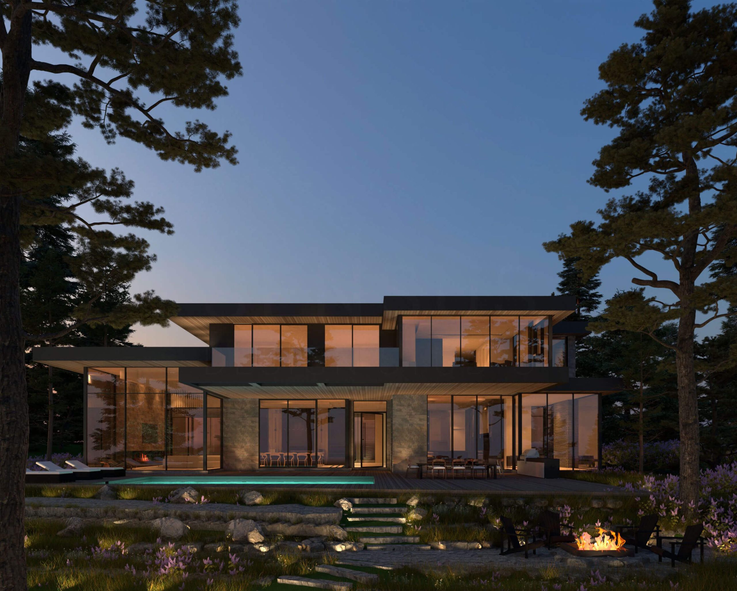 Window walls framing Lake Simcoe from the Alpine Lakehouse great room