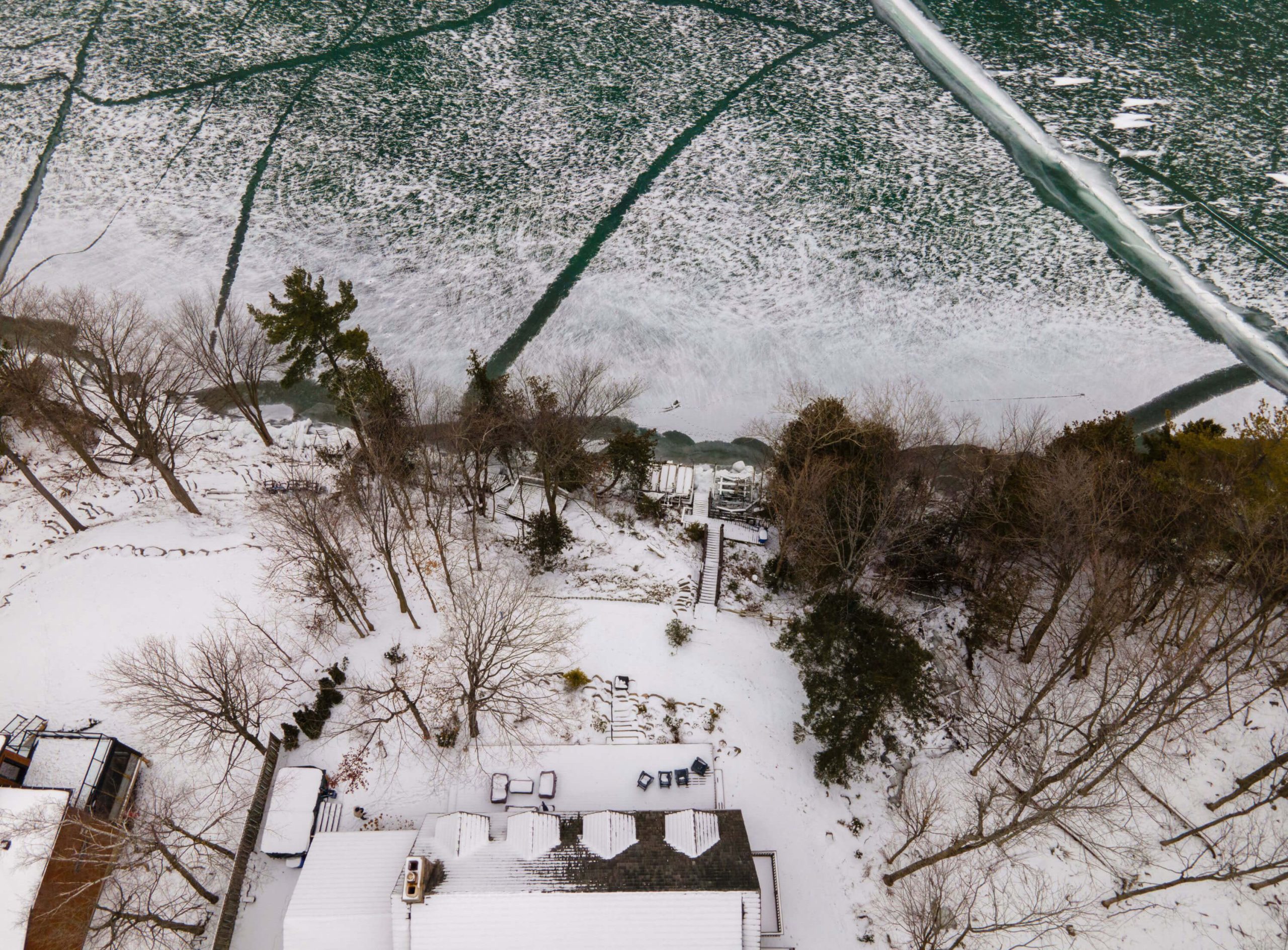Aerial view of the Alpine Lakehouse property on Lake Simcoe