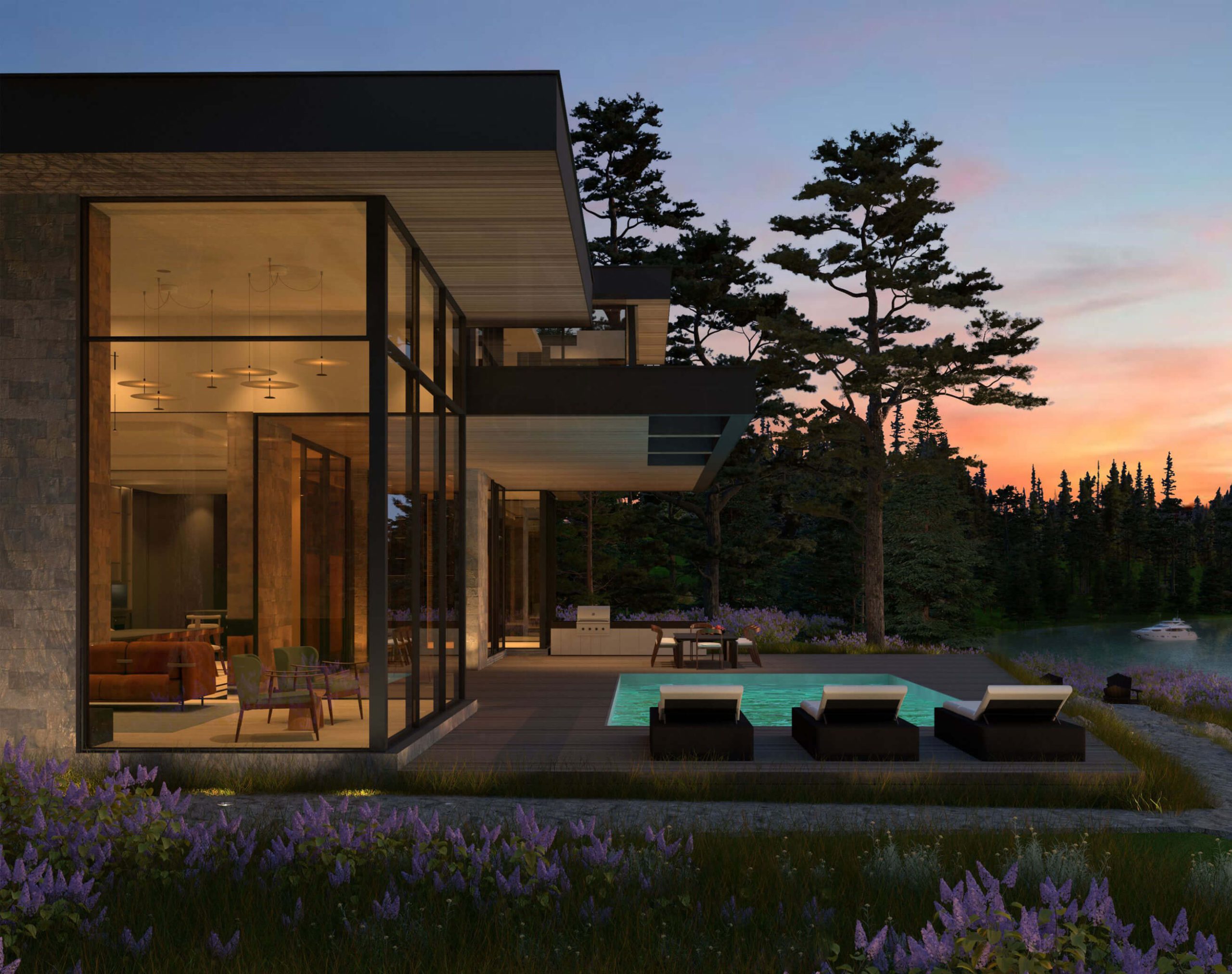 Alpine Lakehouse great room overlooking the pool and lake