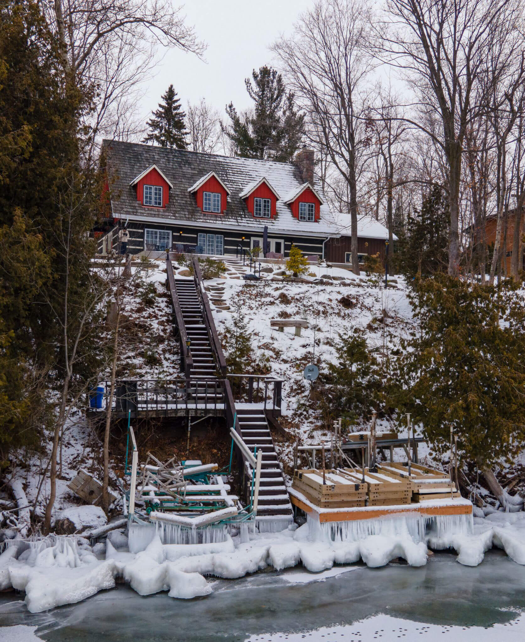 Drone view of the existing Alpine Lakehouse site beside Lake Simcoe