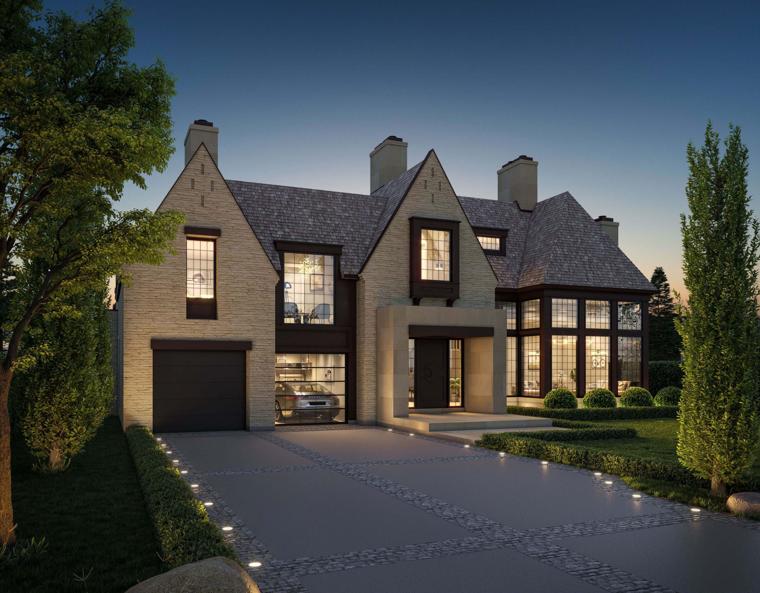 Contemporary Tudor home with limestone walls and cedar shake roof