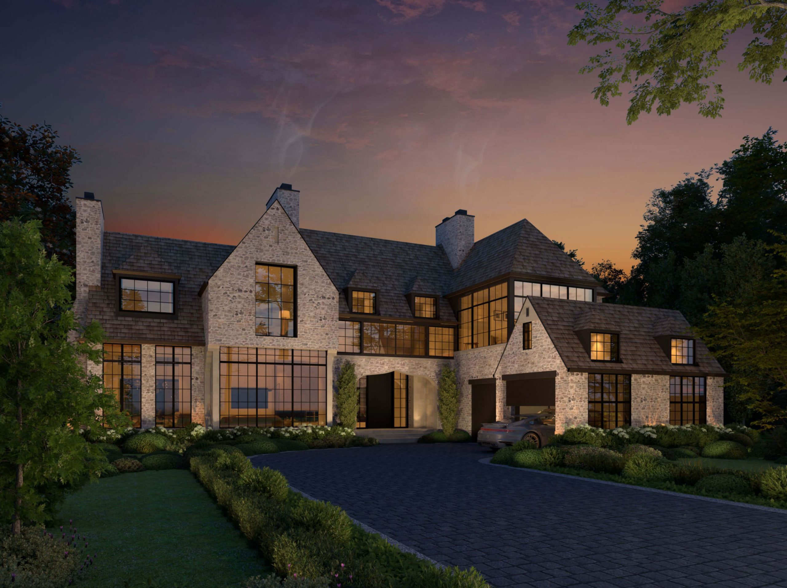 Contemporary English Manor with stone gables at dusk