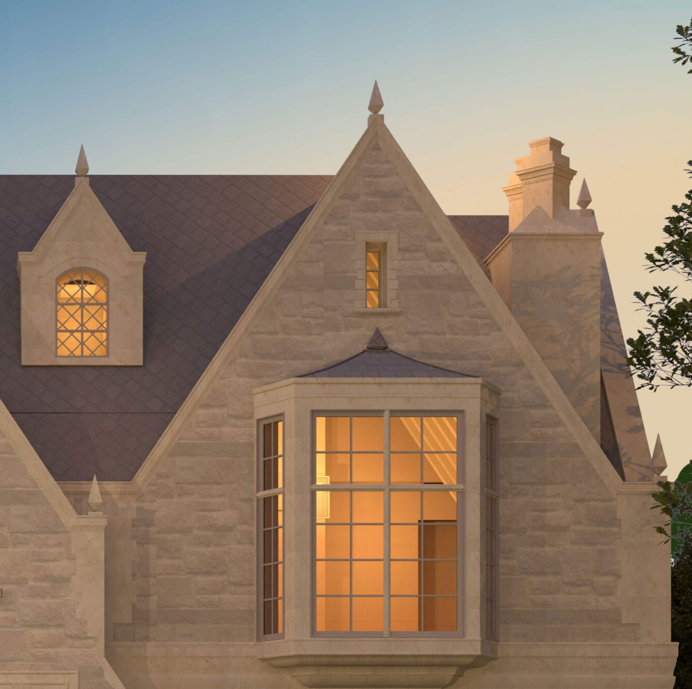The Traditional Tudor Revival architectural rendering, view 2