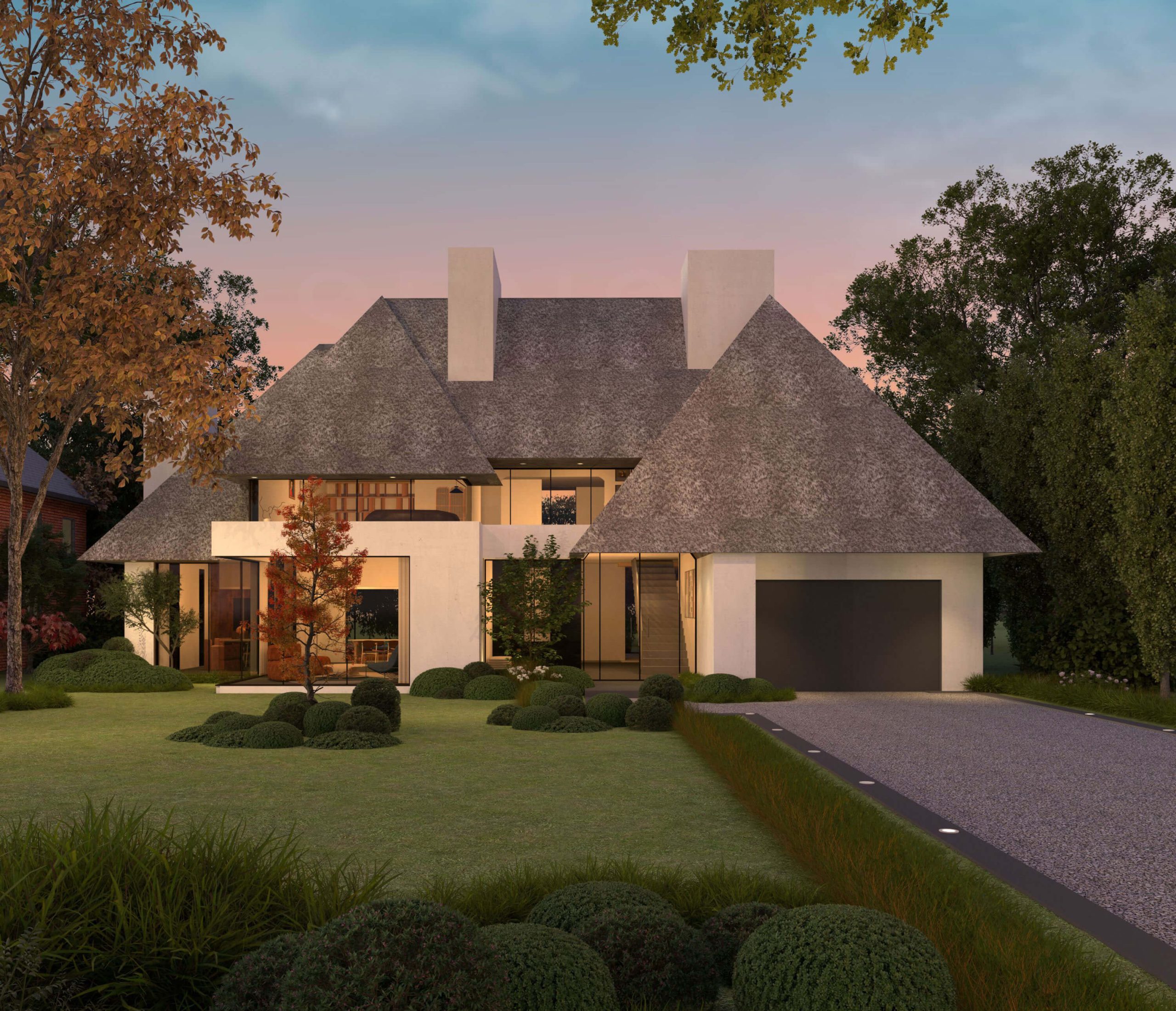 Contemporary Dutch countryside home with a broad thatched roof