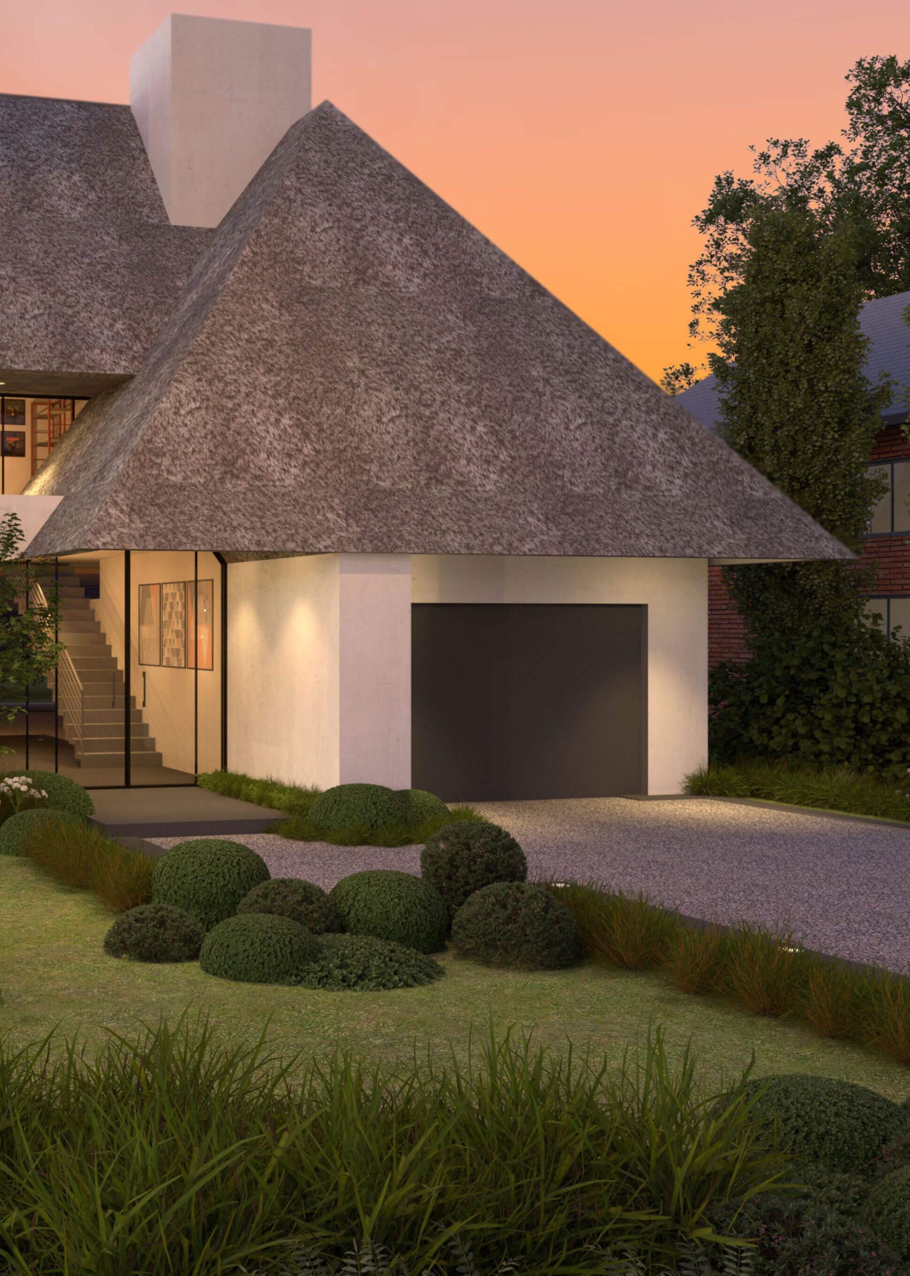 Thatched garage roof and sheltered entry of the Dutch countryside home