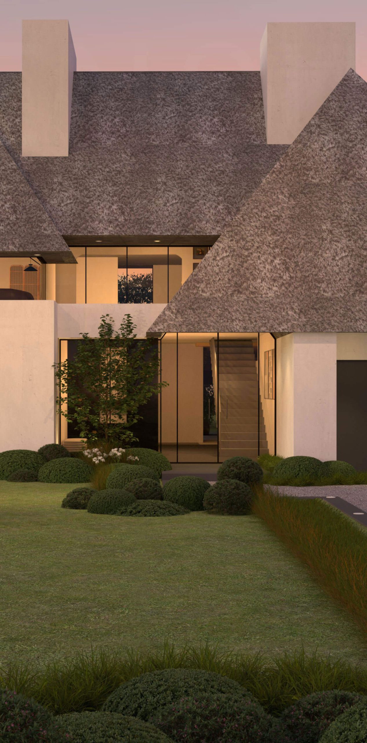 Floor-to-ceiling foyer window beneath the home's organic thatched roof