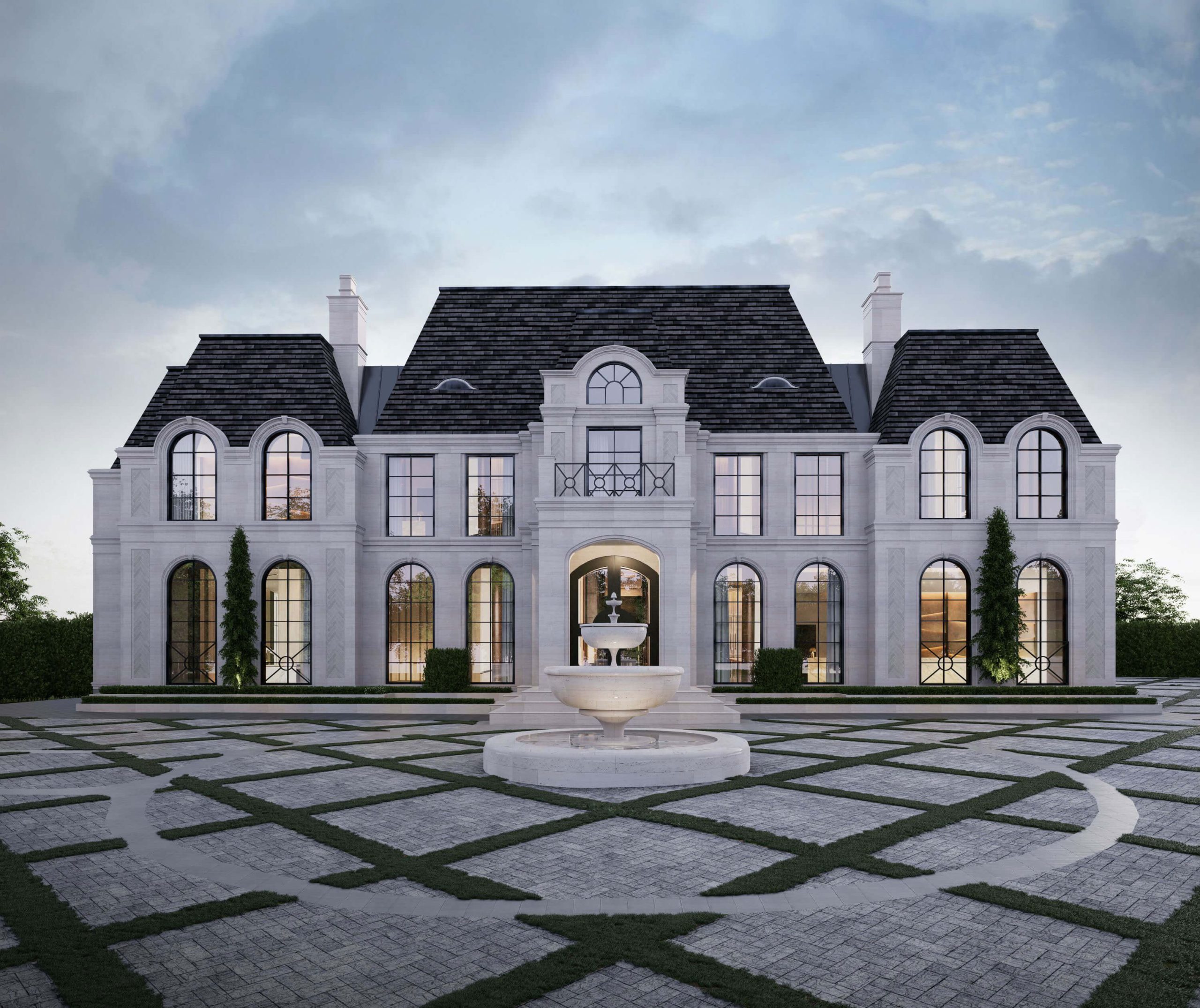 French Estate Home with a symmetrical limestone facade