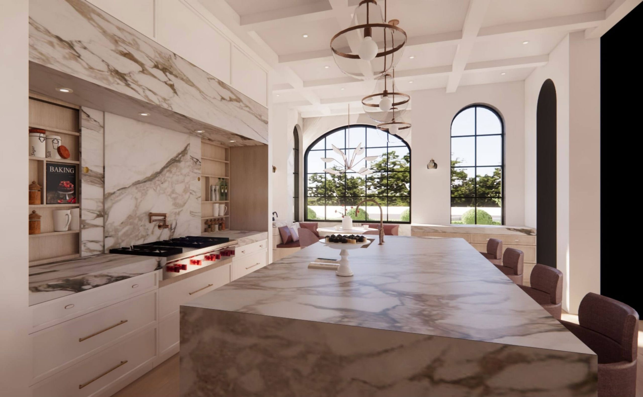 Light-filled French Estate interior with warm wood and stone details
