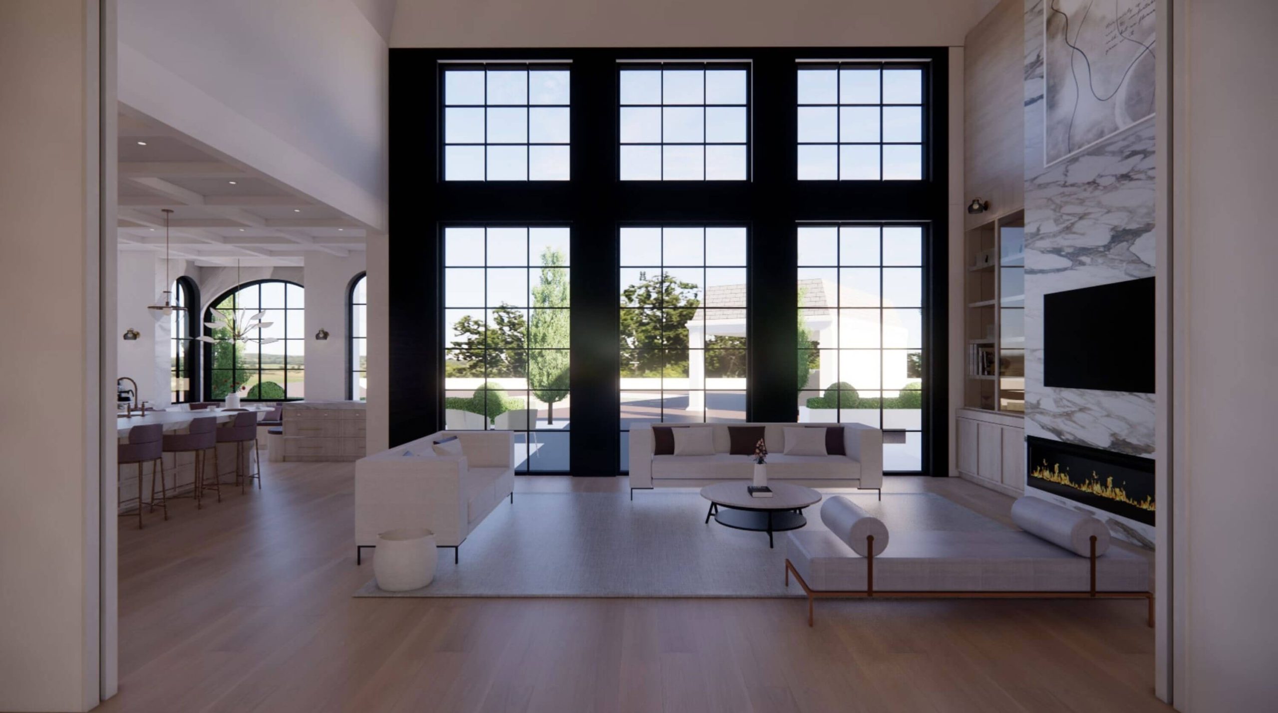 Formal interior suite with stone walls and warm wood cabinetry