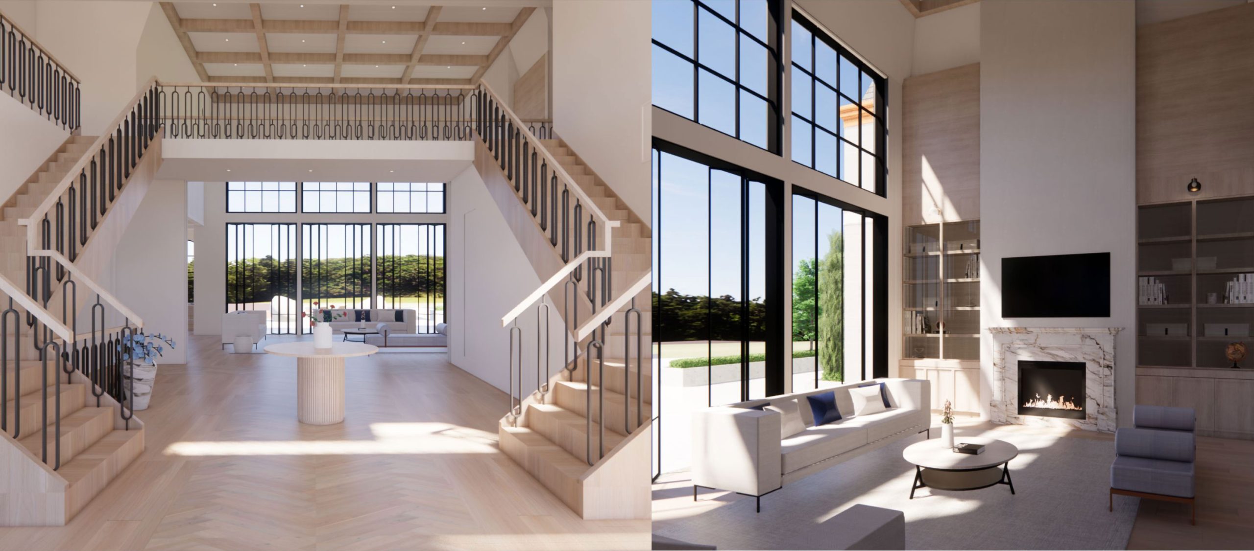 Panoramic stone and wood interior of the French Estate Home