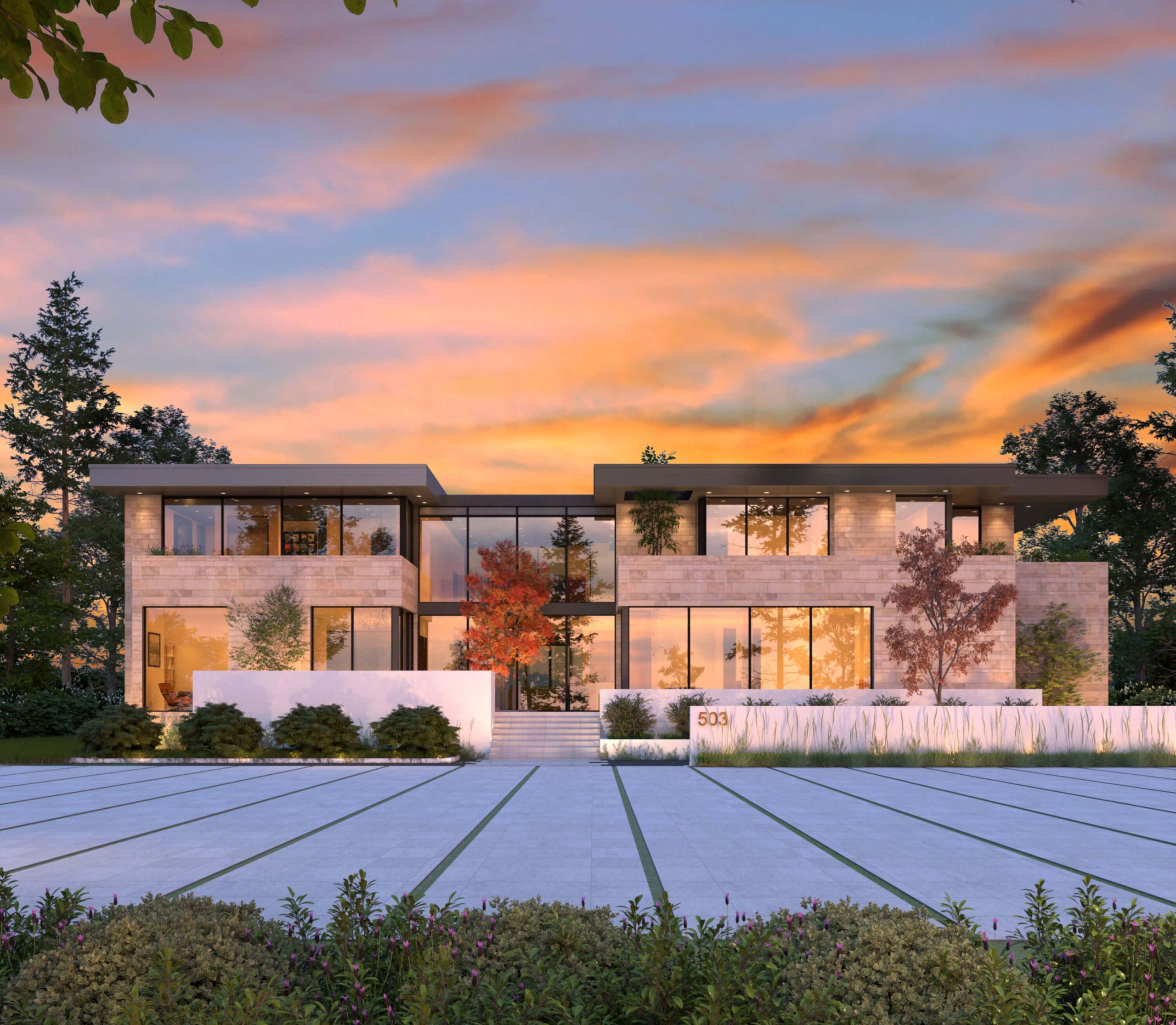 Contemporary Compound at sunset with a broad limestone facade