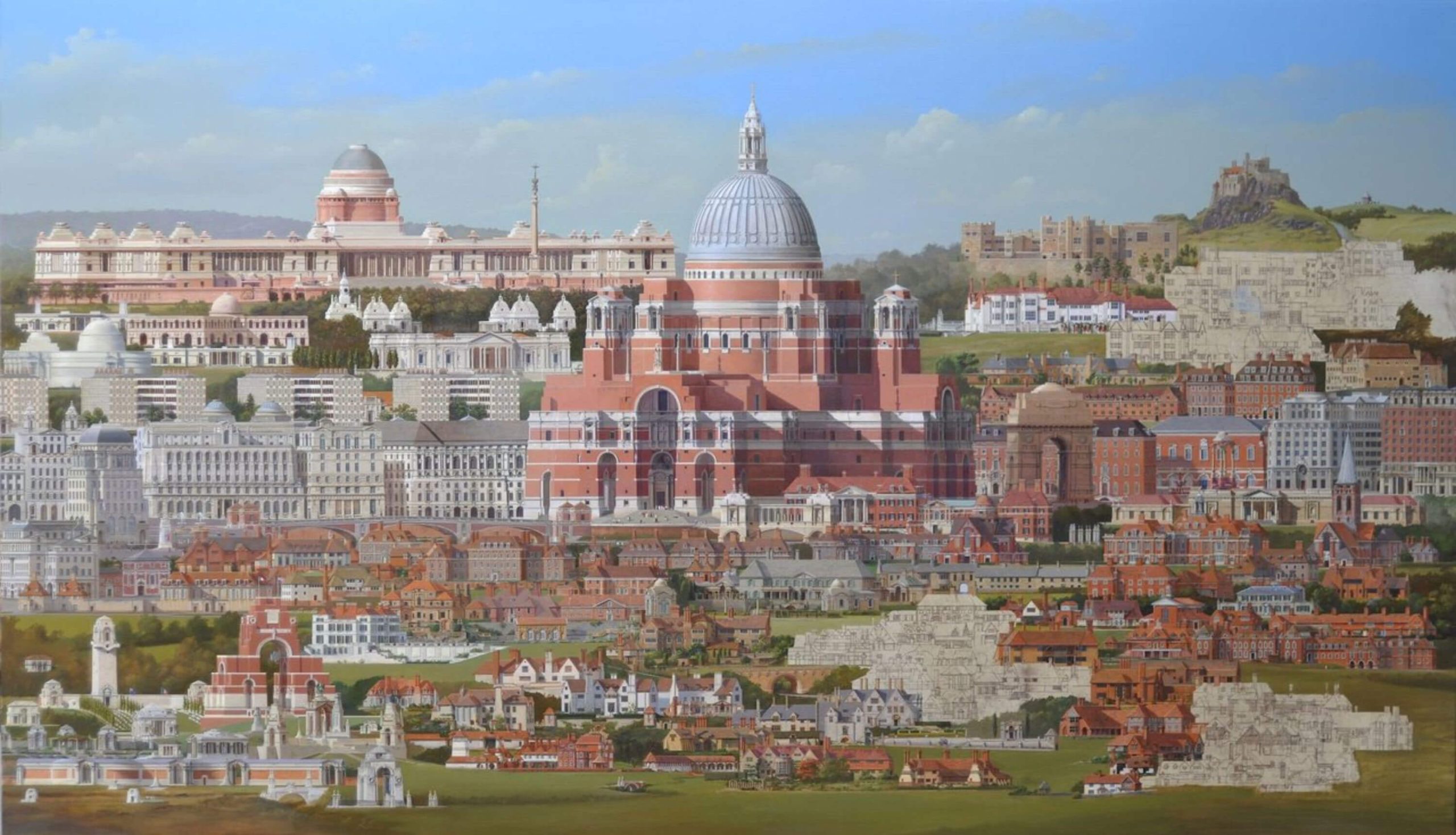 Architectural collage of civic buildings and formal city spaces