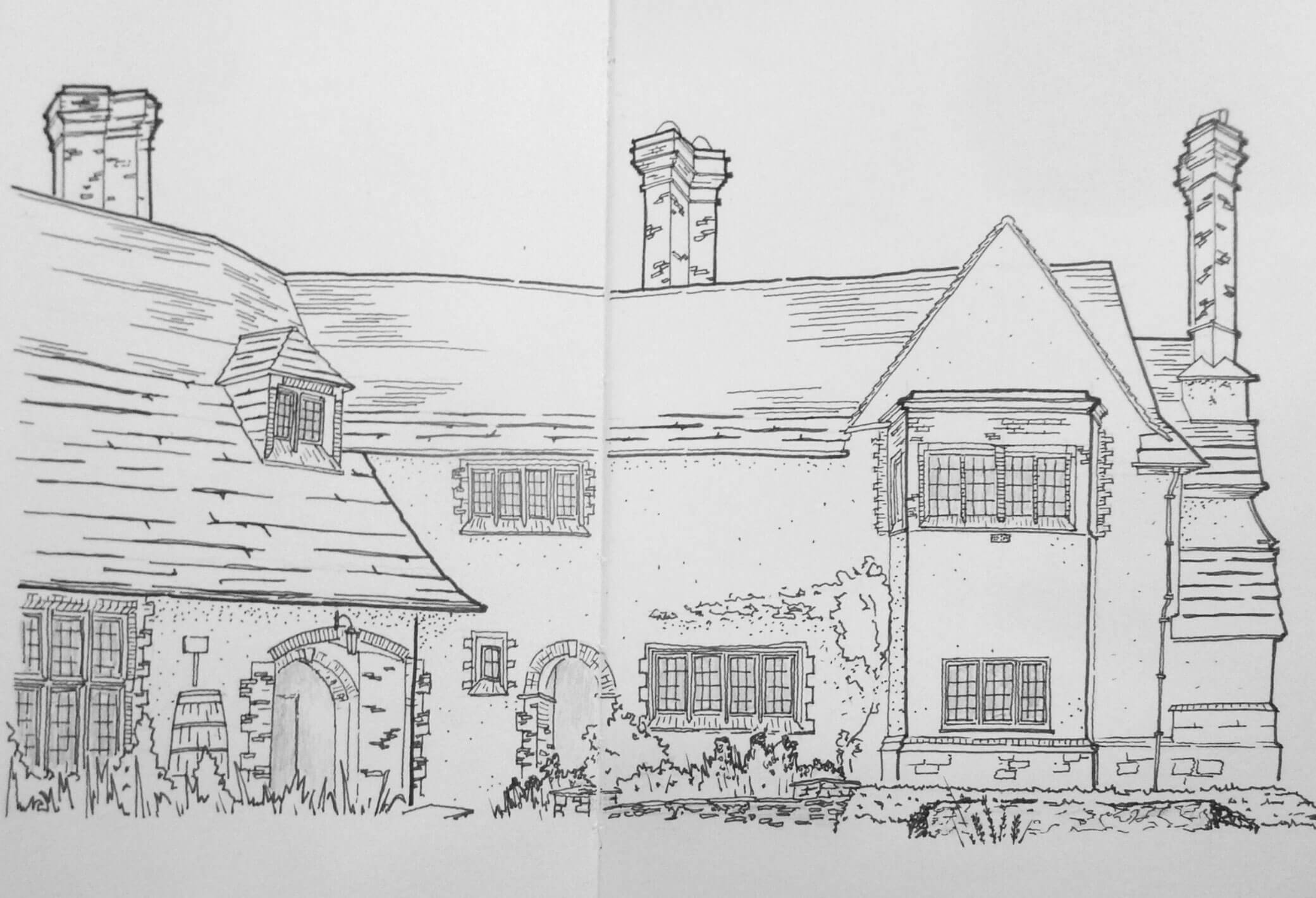 Hand-drawn elevation of a gabled house