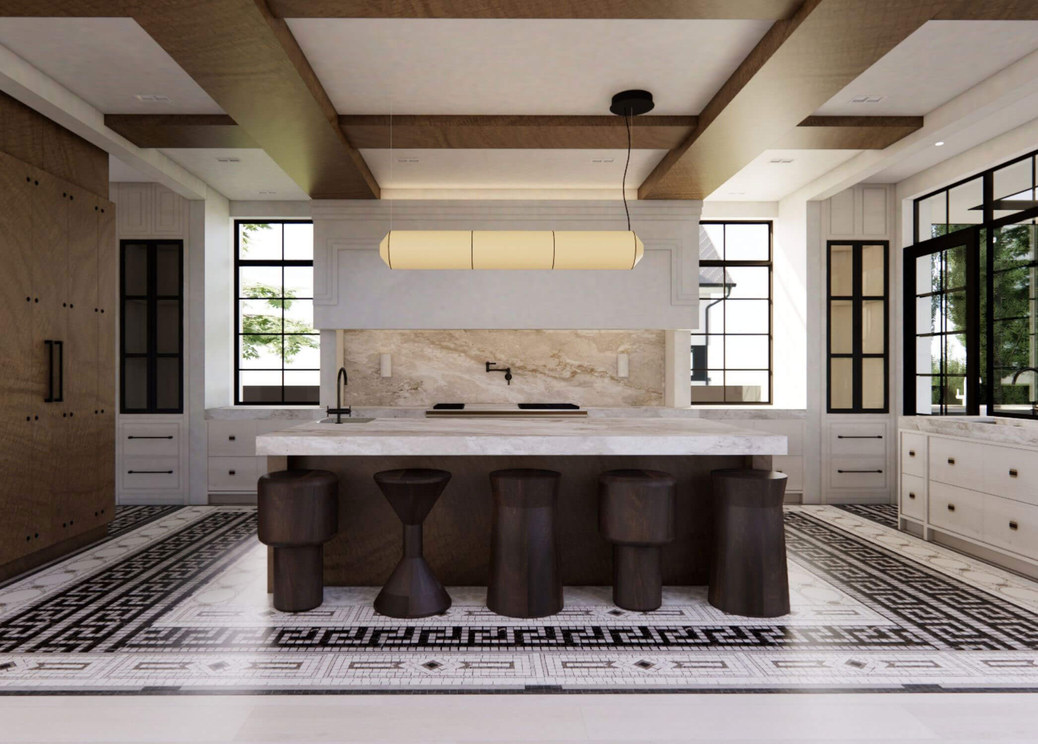 Kitchen island beneath a timber-beamed ceiling