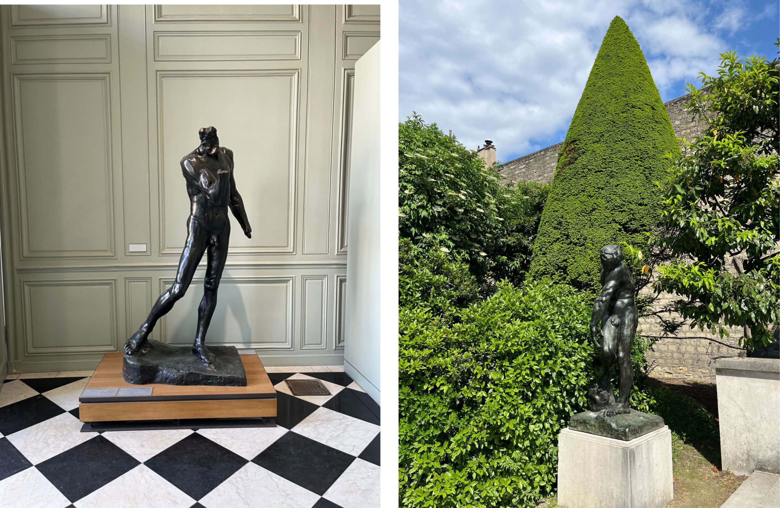 Paired views of a bronze figure indoors and a garden sculpture