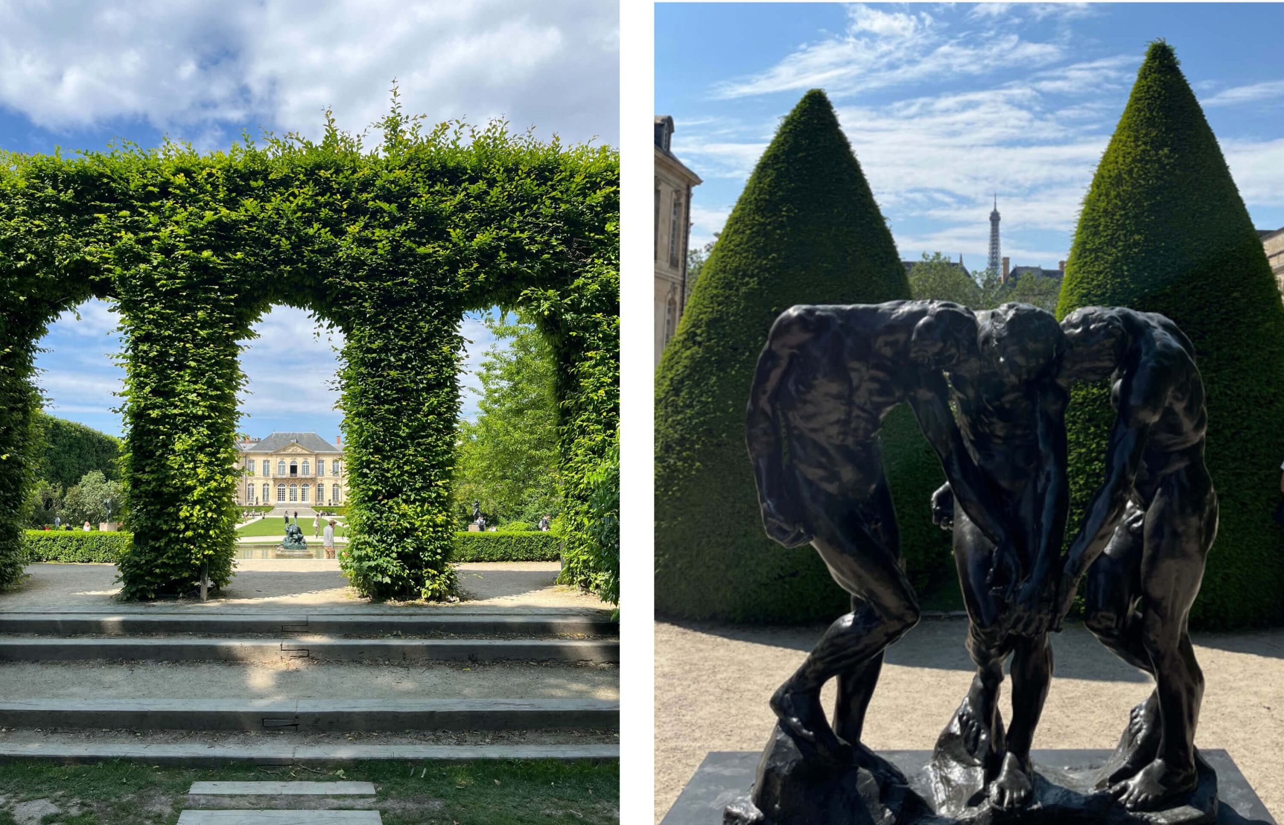 Garden archway and grouped bronze figures among clipped trees