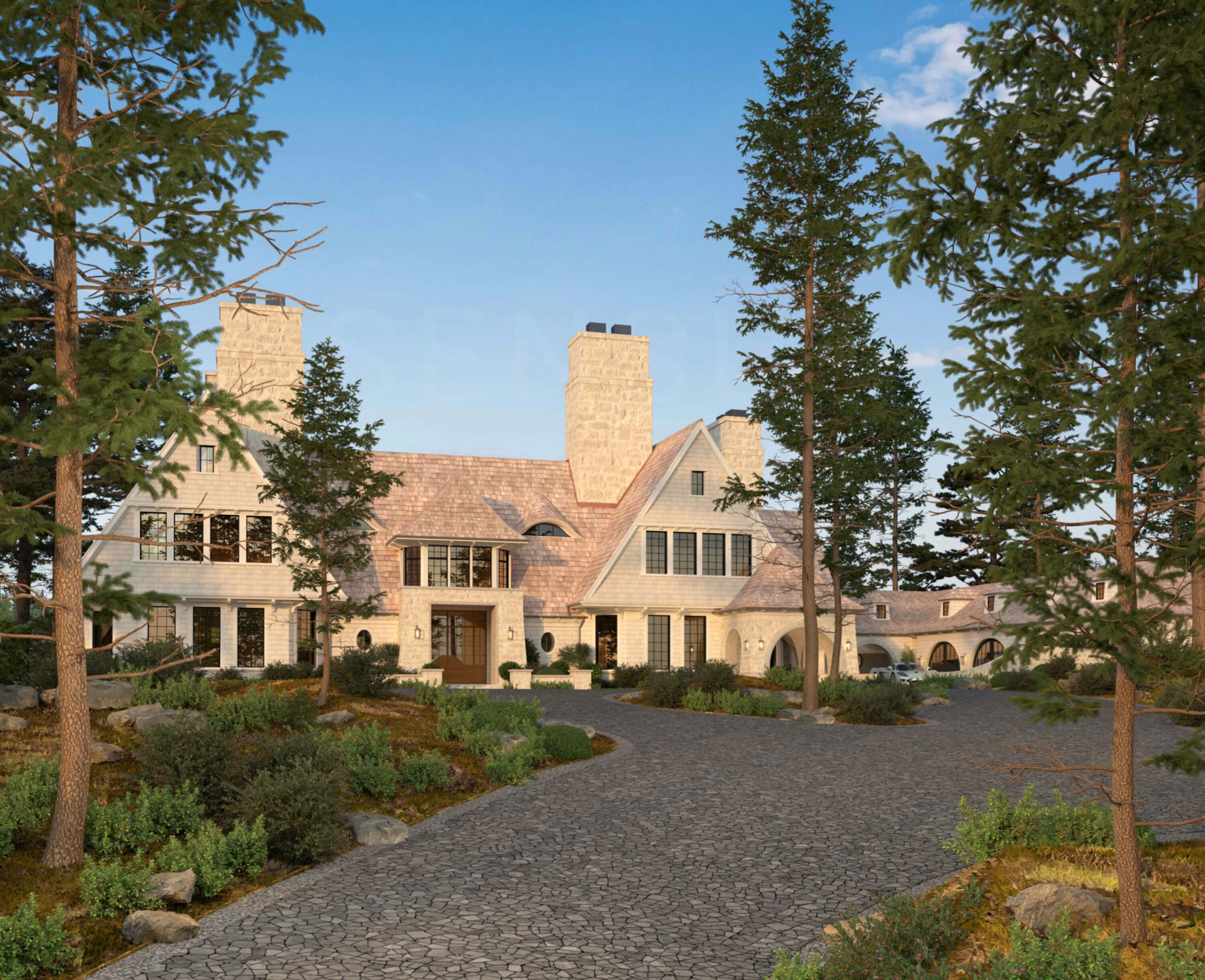 Shingle Style Muskoka Compound approached through tall pines