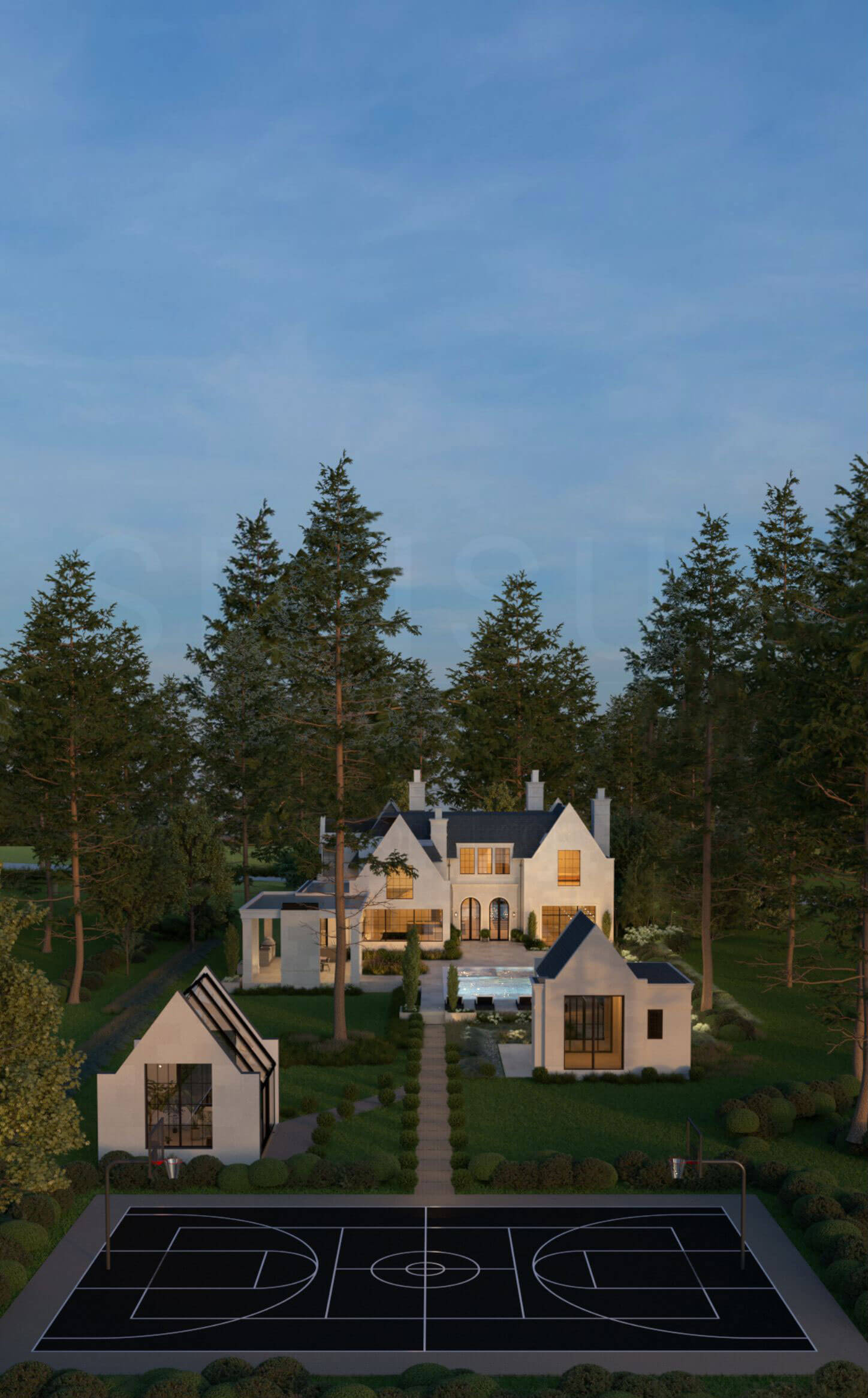 The Transitional Country Home architectural rendering, view 1