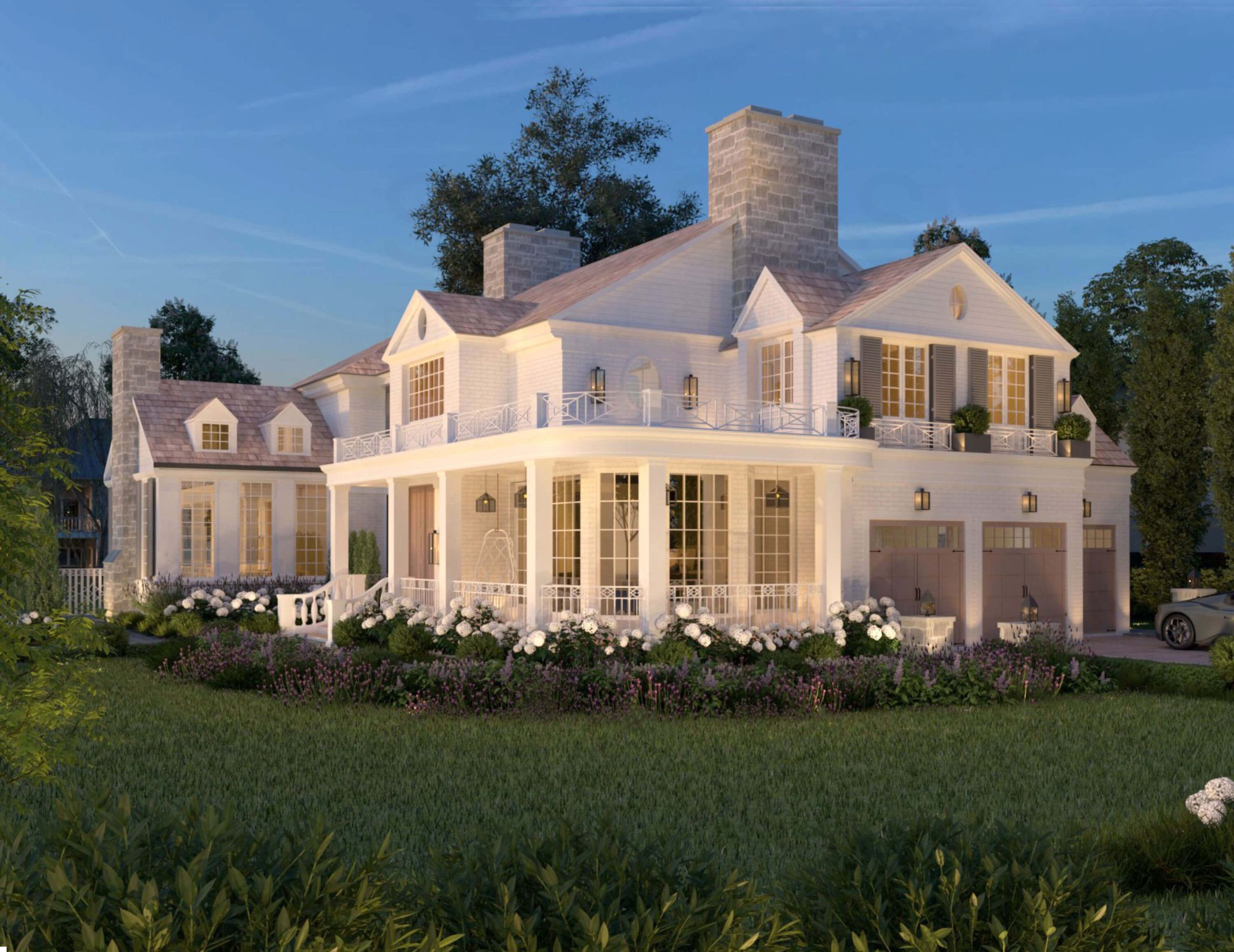 New England Colonial home with a wraparound porch and landscaped courtyard