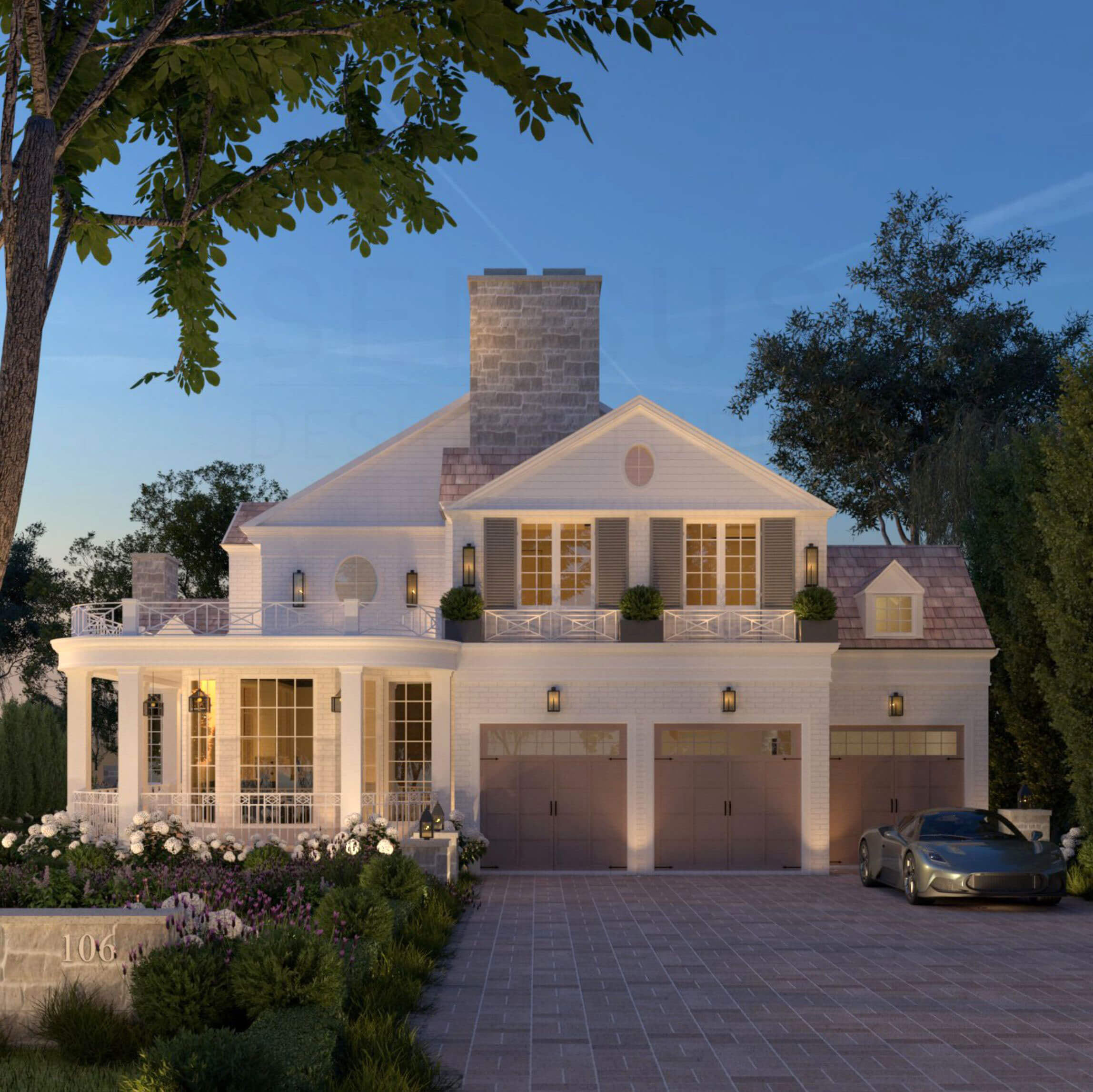 Wraparound porch and upper terrace of the New England Colonial home