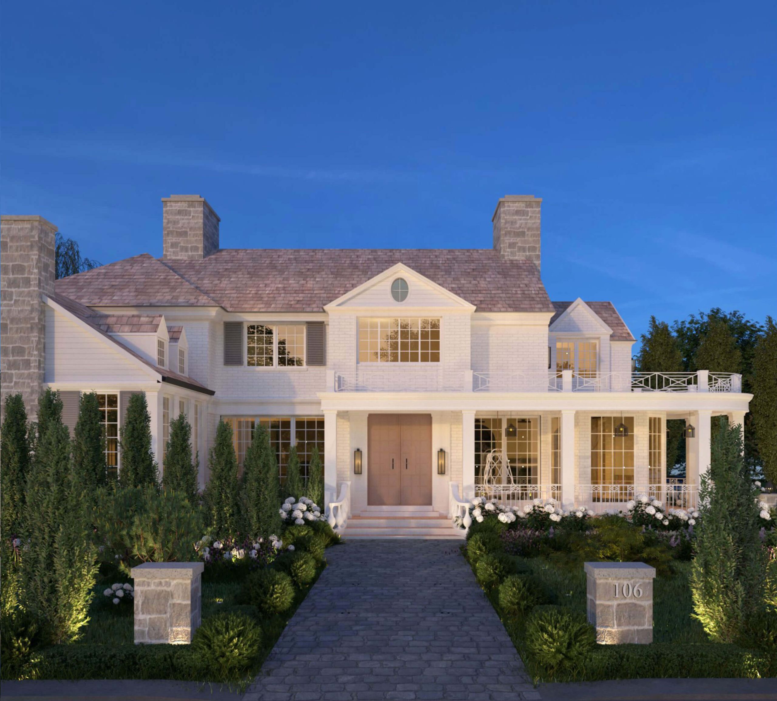 Front porch and courtyard of the New England Colonial home