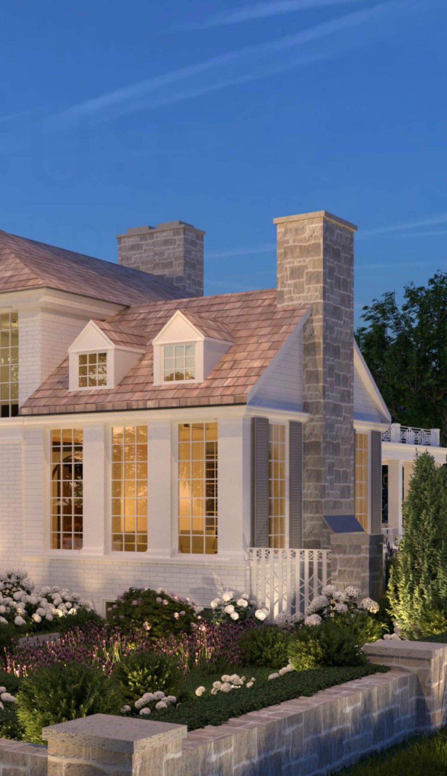 Layered garden planting and stone retaining walls around the outdoor rooms