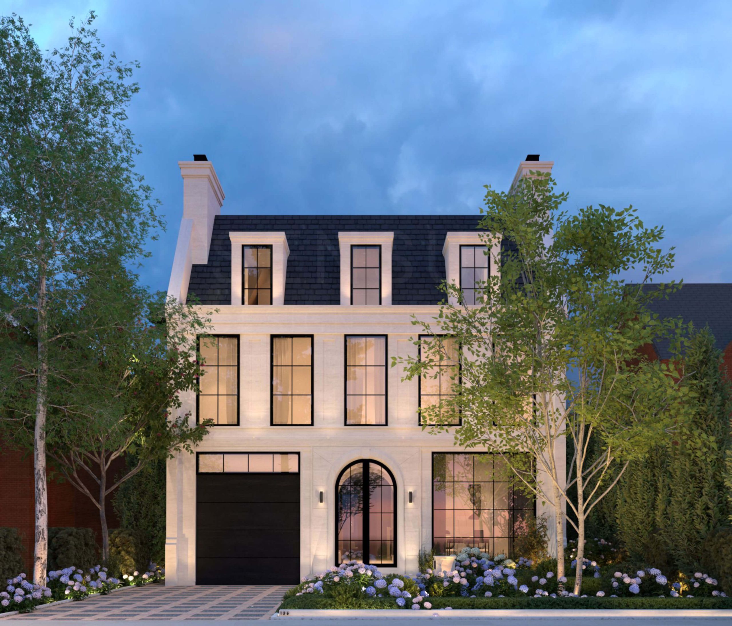 Contemporary Georgian home with a symmetrical limestone facade