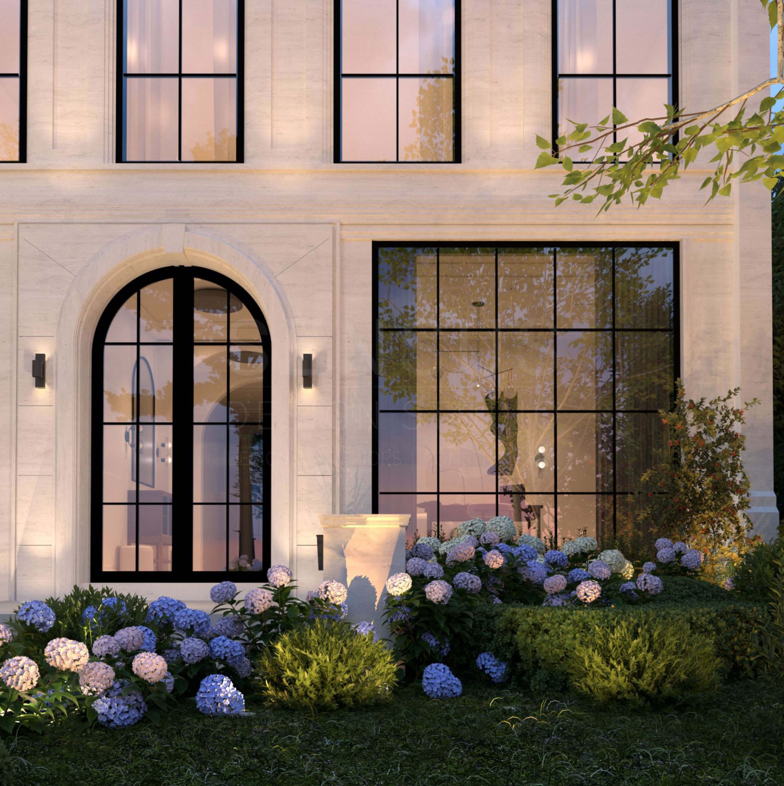 Contemporary Georgian entrance framed by limestone and landscaping