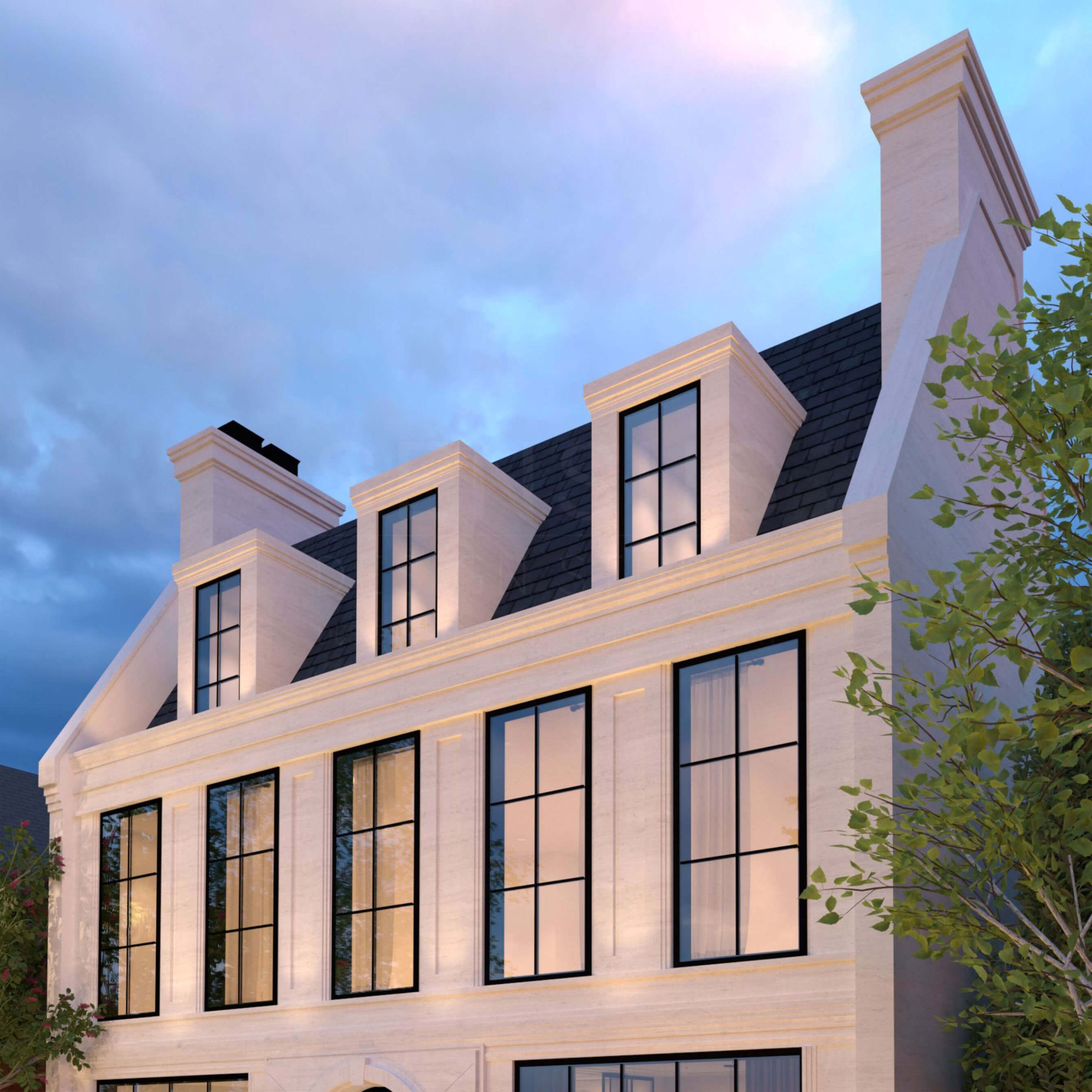 Contemporary Georgian home and formal front garden at dusk