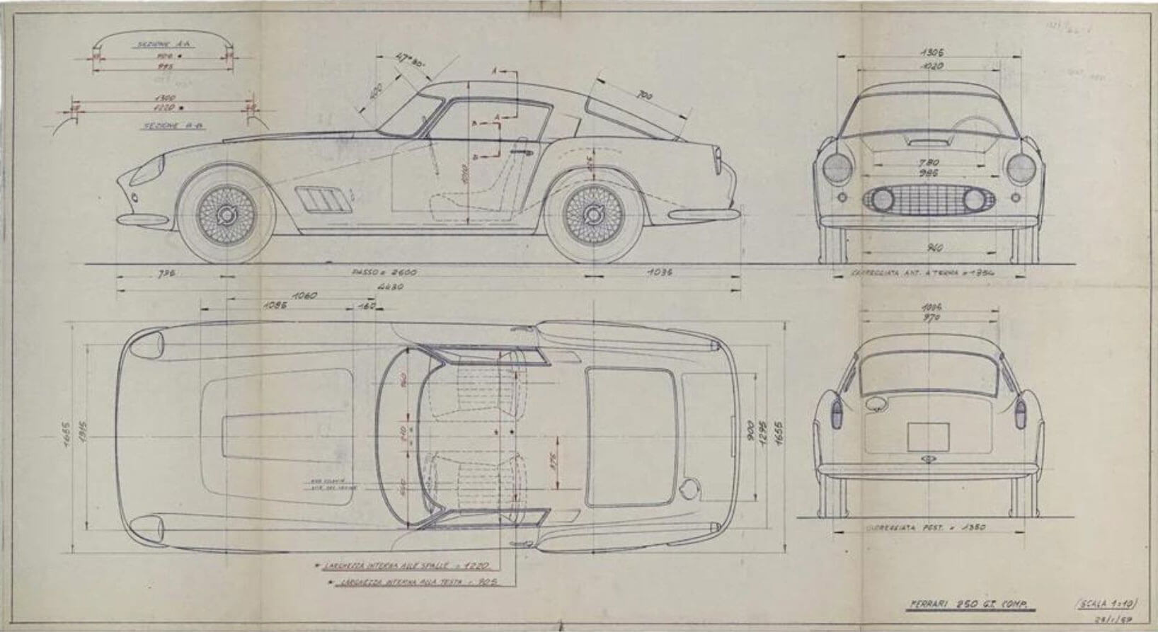 Automotive design drawing showing side, front, rear and top views