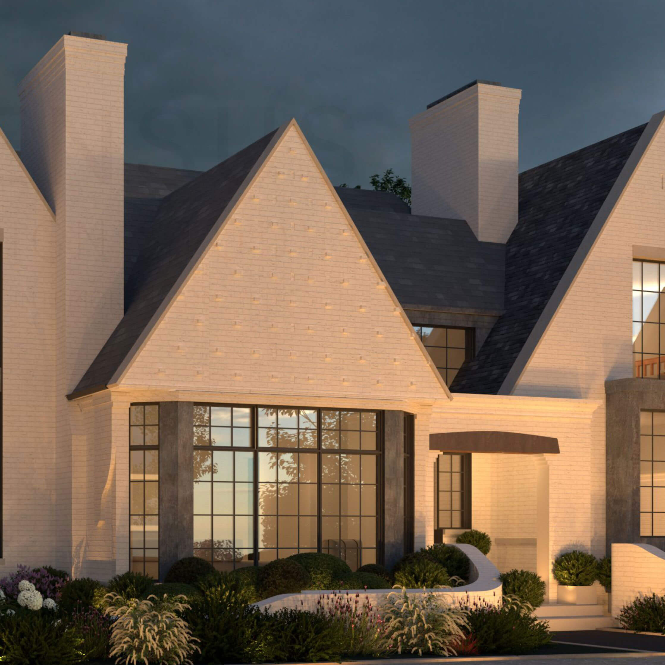 Floating center gable and contemporary bay window on the front facade