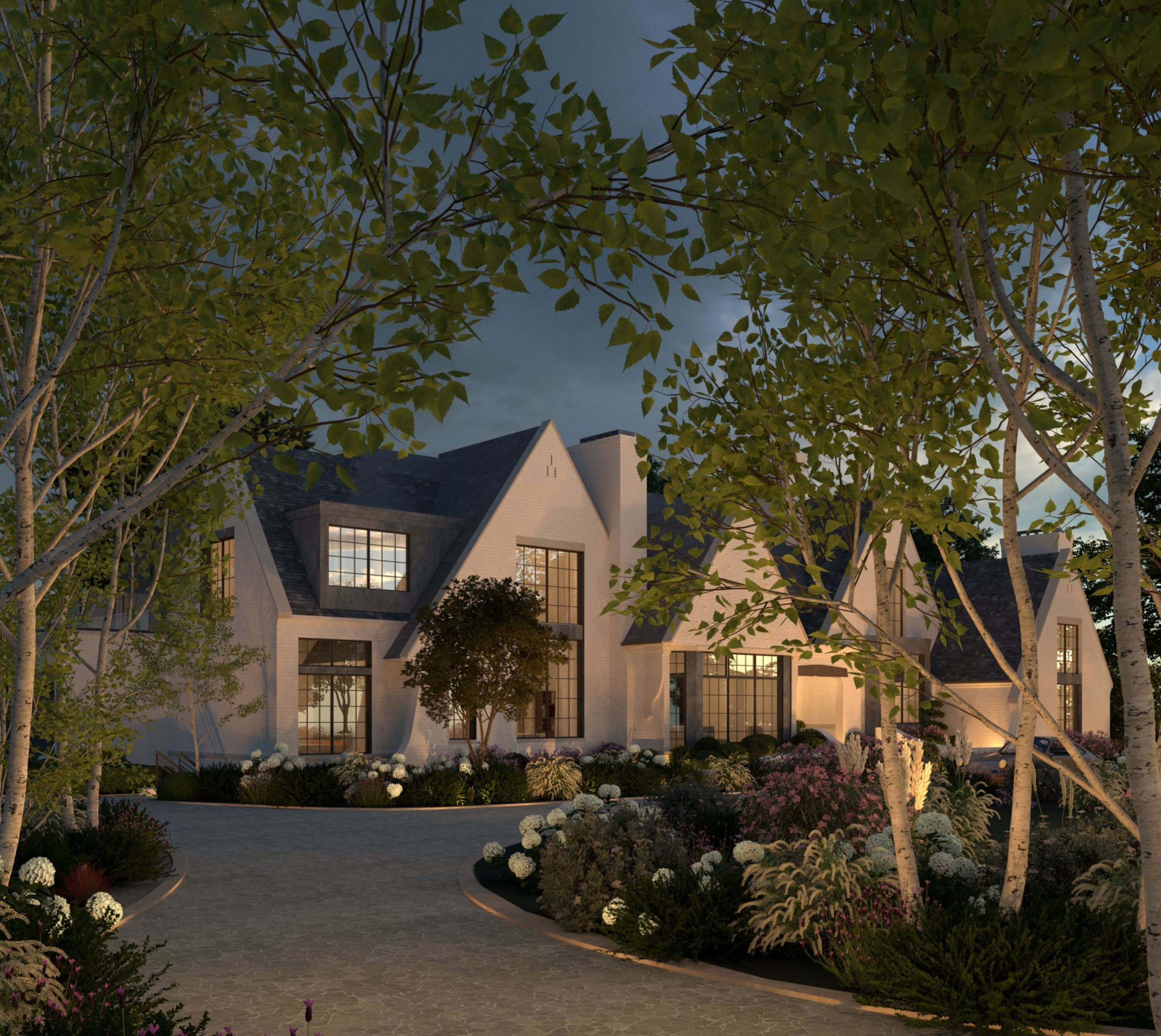 Contemporary English Country home across a richly planted front garden