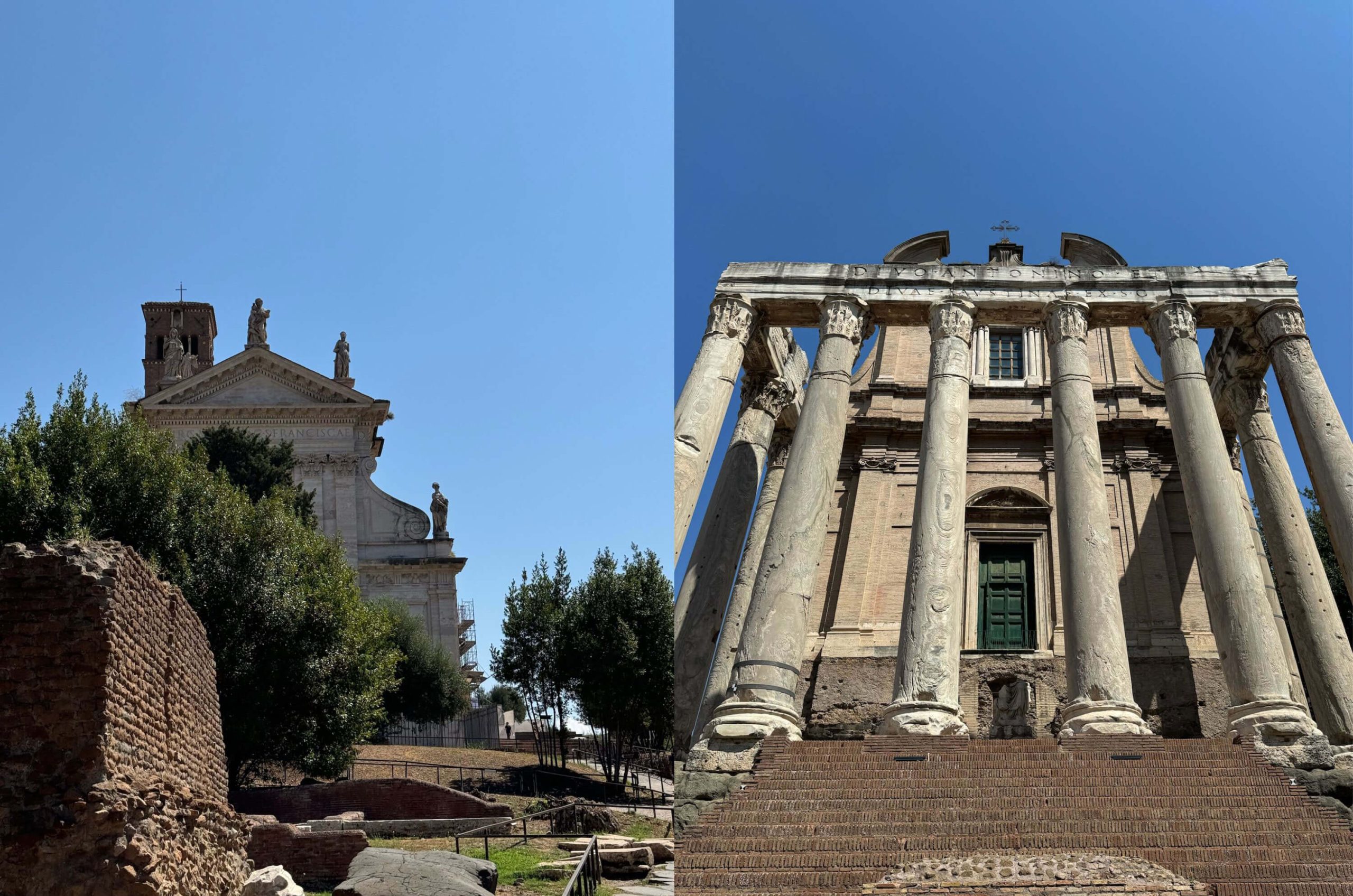 Paired views of Forum buildings and a classical temple facade