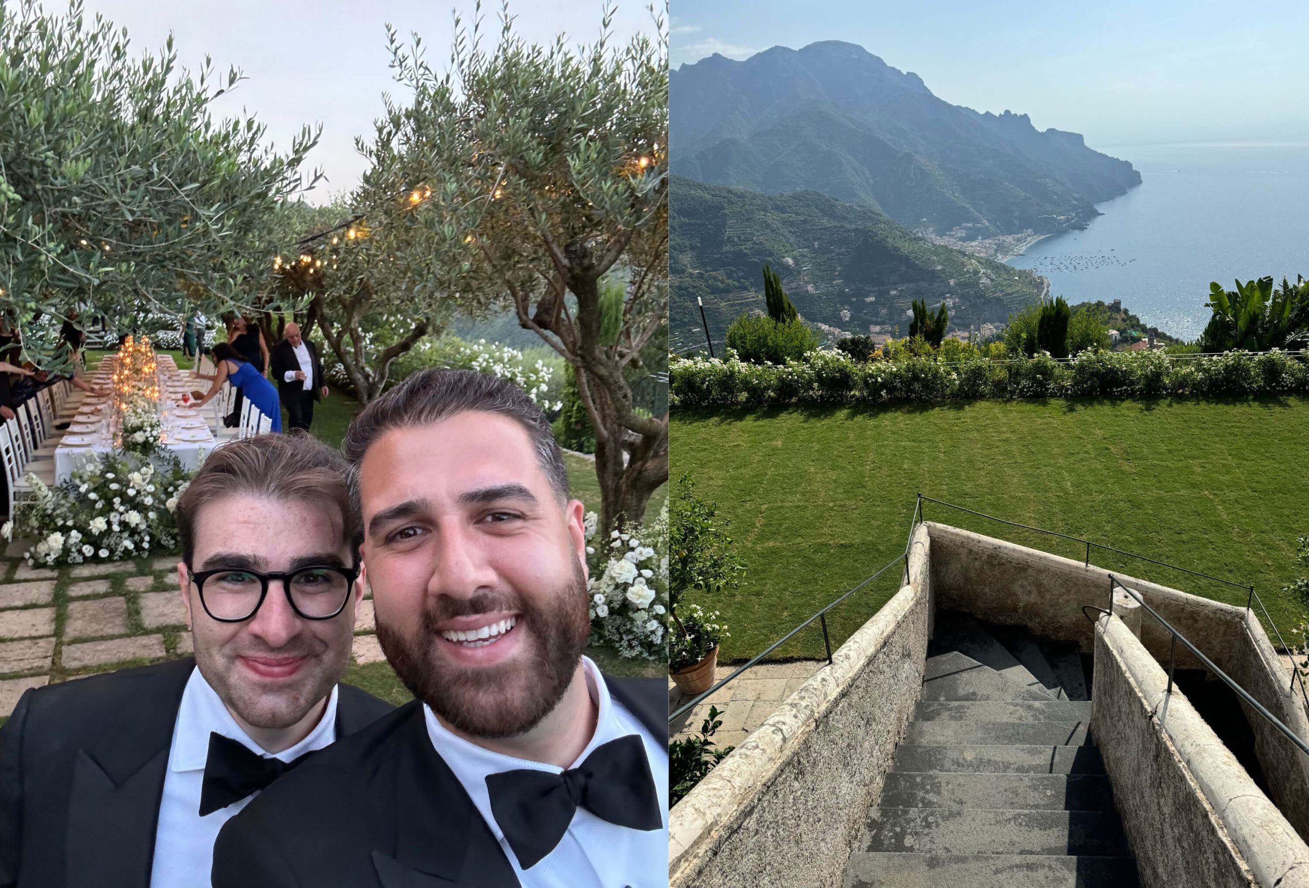 Two visitors and a stone terrace overlooking the landscape