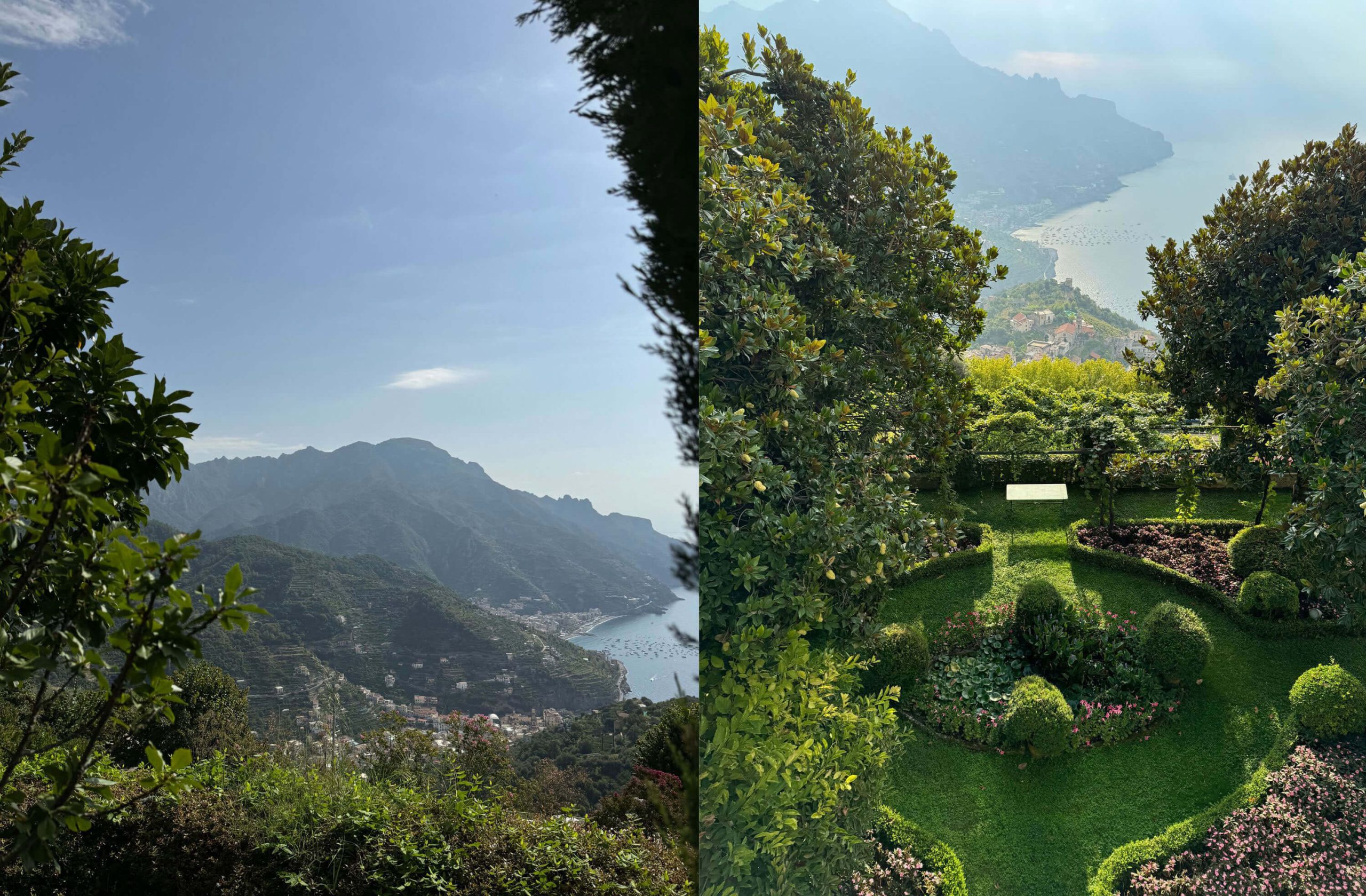 Paired coastal views framed by lush garden planting